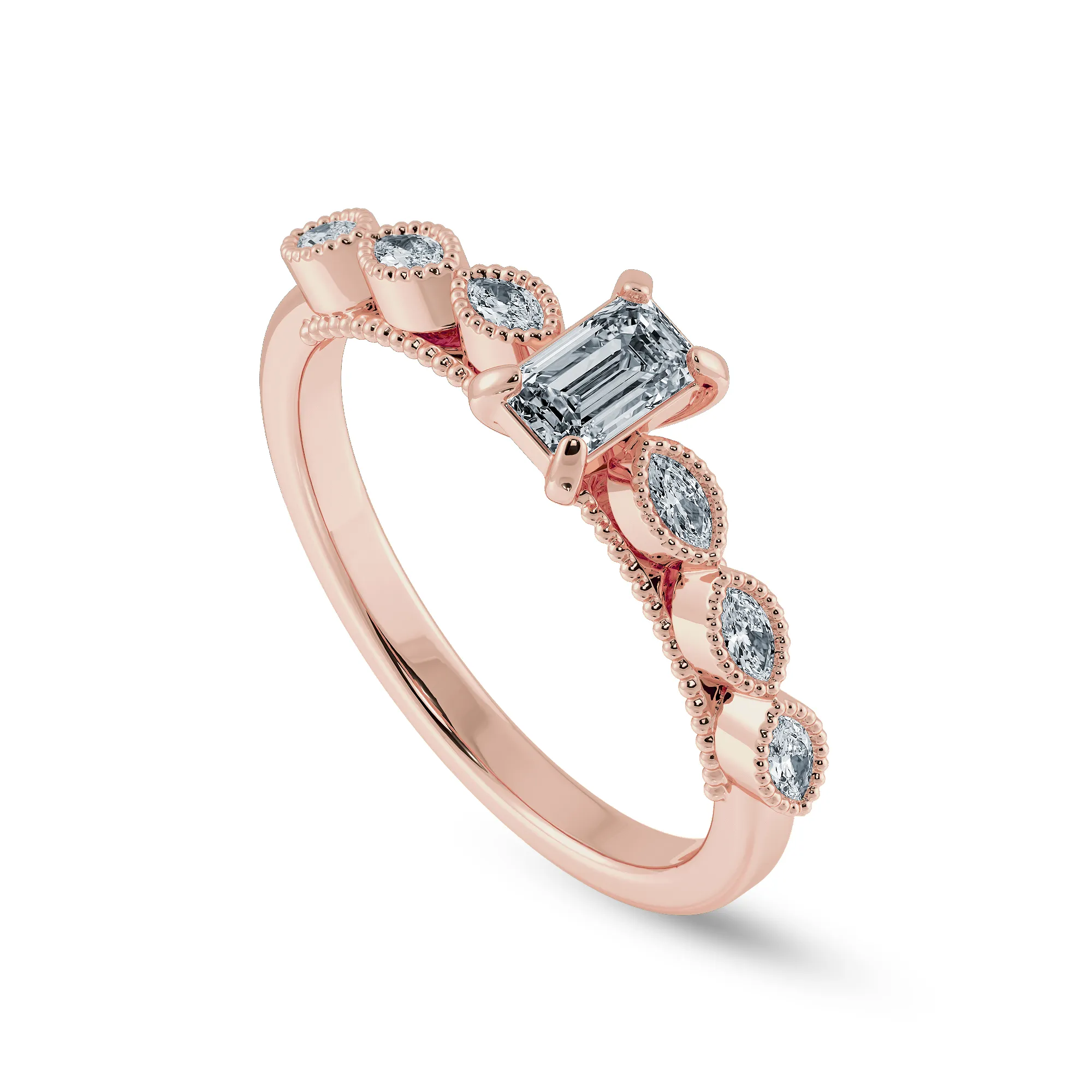 0.50cts. Emerald Cut Solitaire with Marquise Cut Diamond Shank 18K Rose Gold Ring JL AU 2015R-A