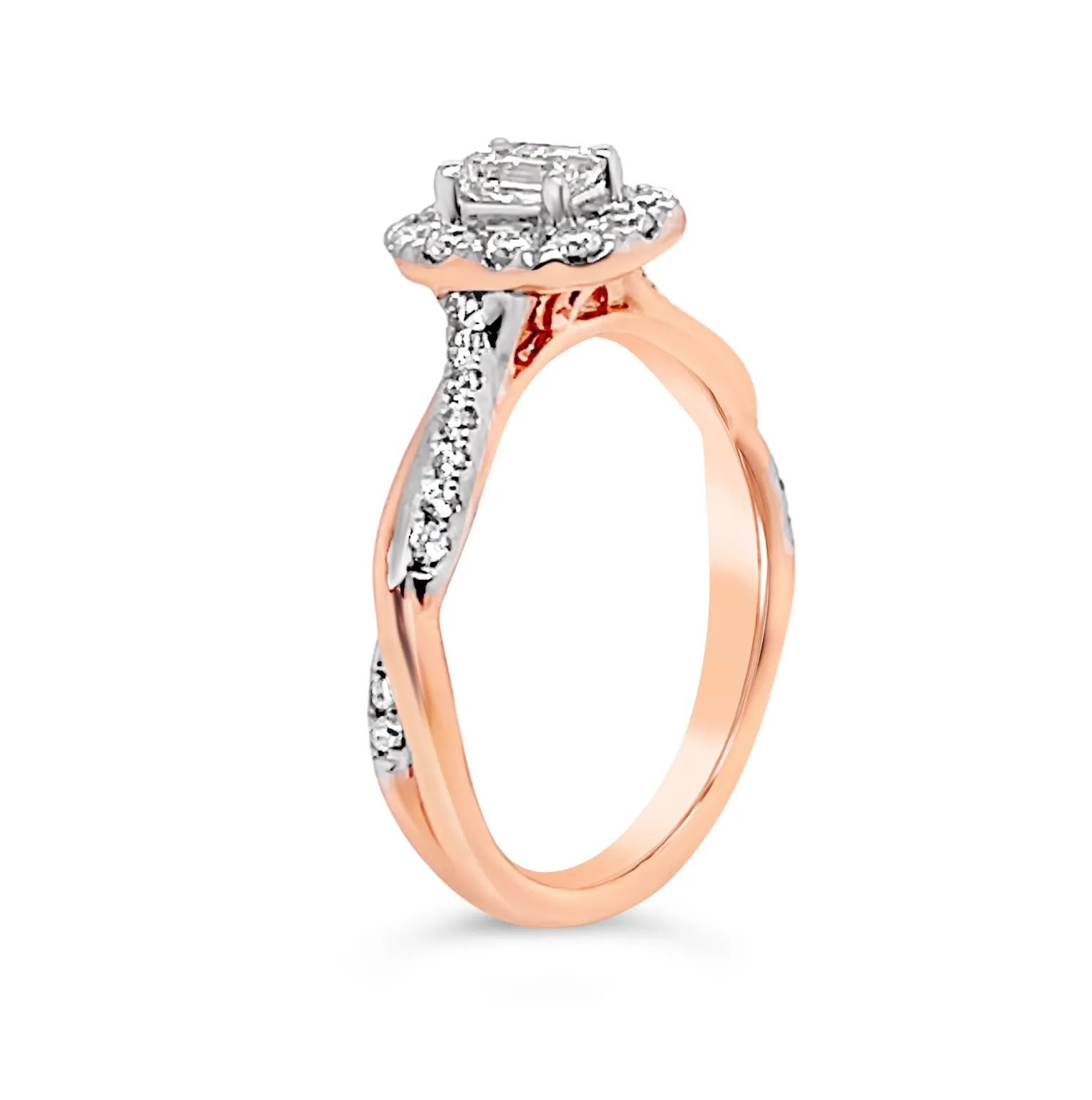 0.74ctw Emerald Halo Rose Gold Twist Shank Diamond Engagement Ring