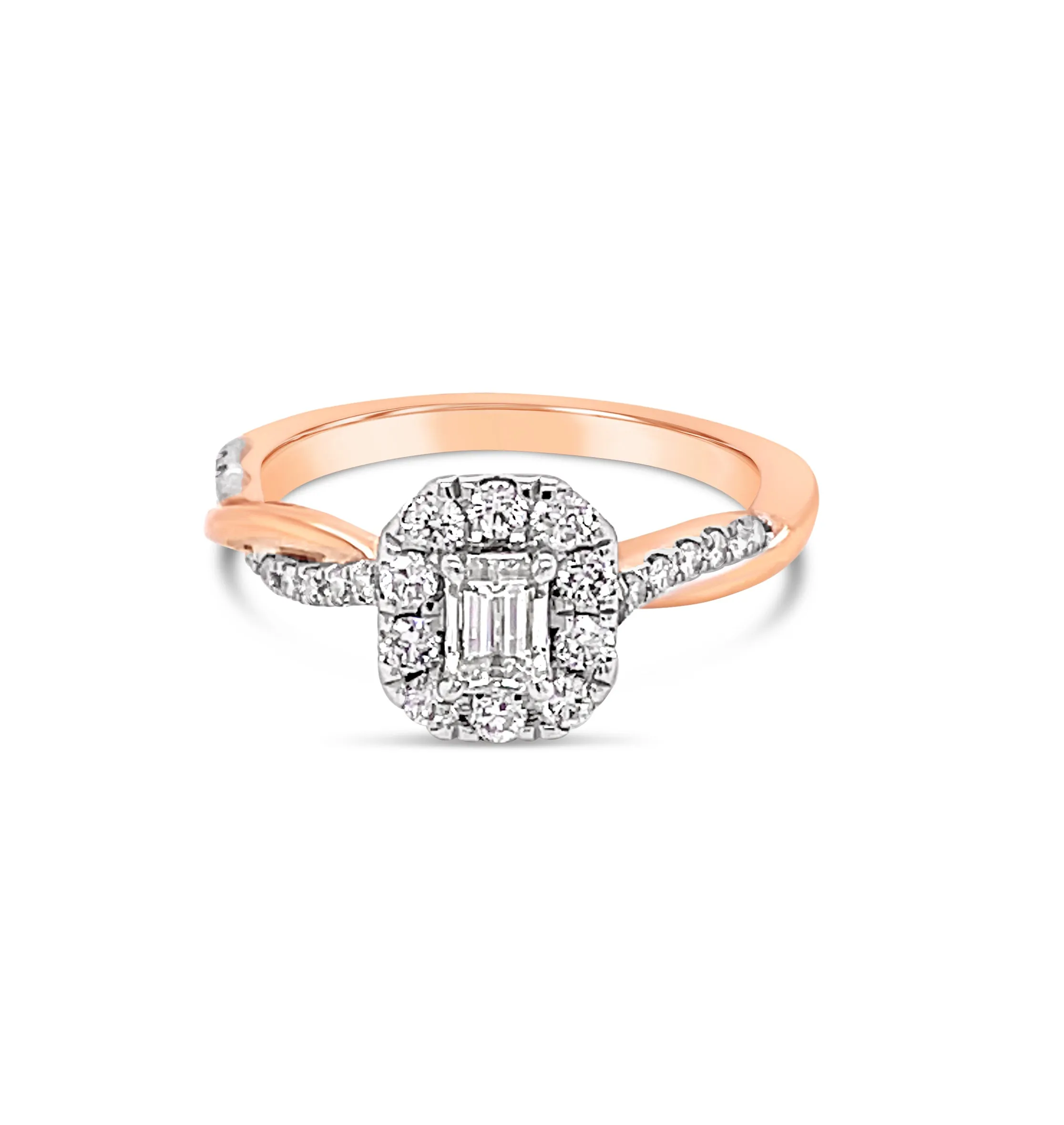 0.74ctw Emerald Halo Rose Gold Twist Shank Diamond Engagement Ring