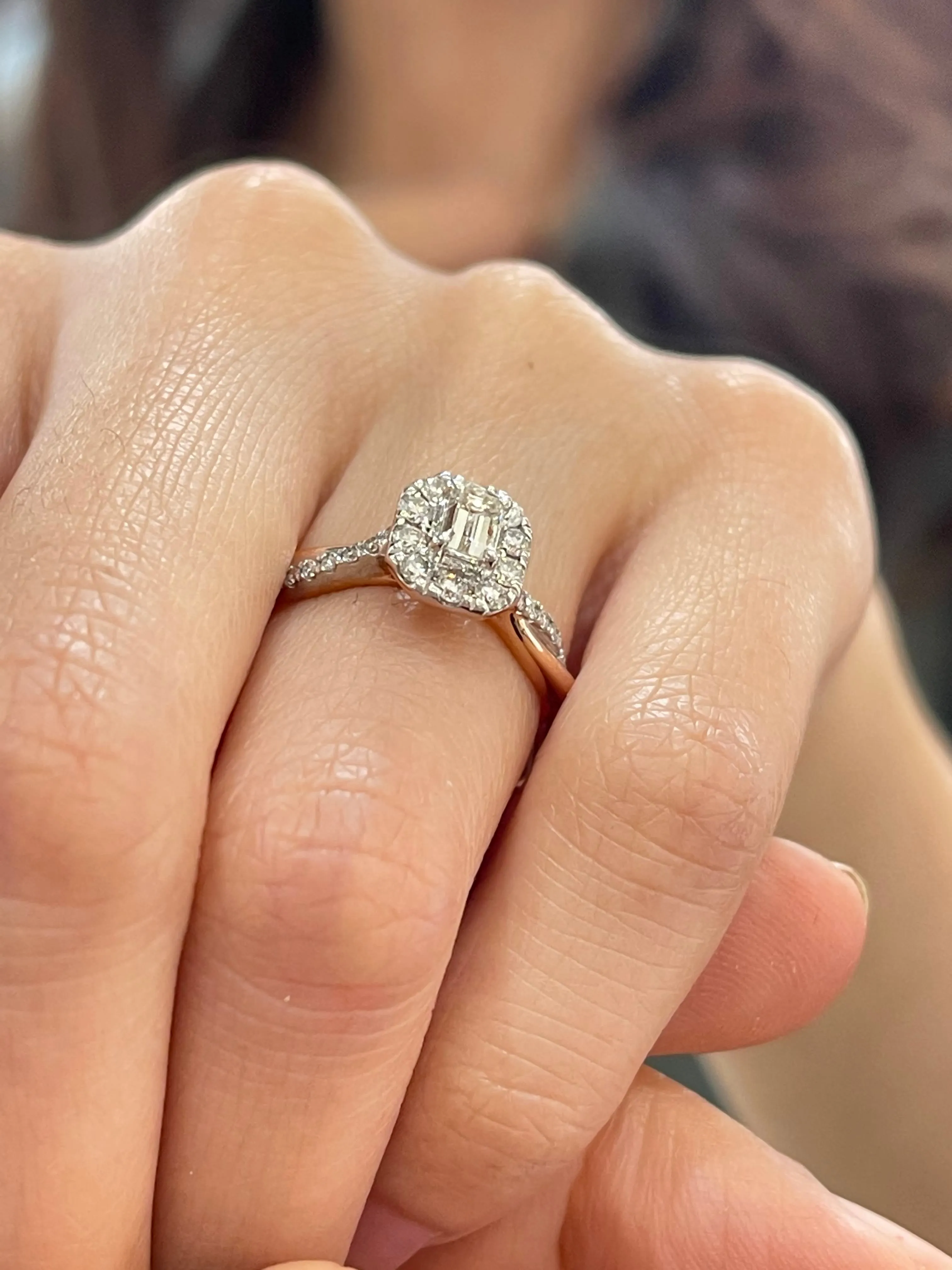 0.74ctw Emerald Halo Rose Gold Twist Shank Diamond Engagement Ring