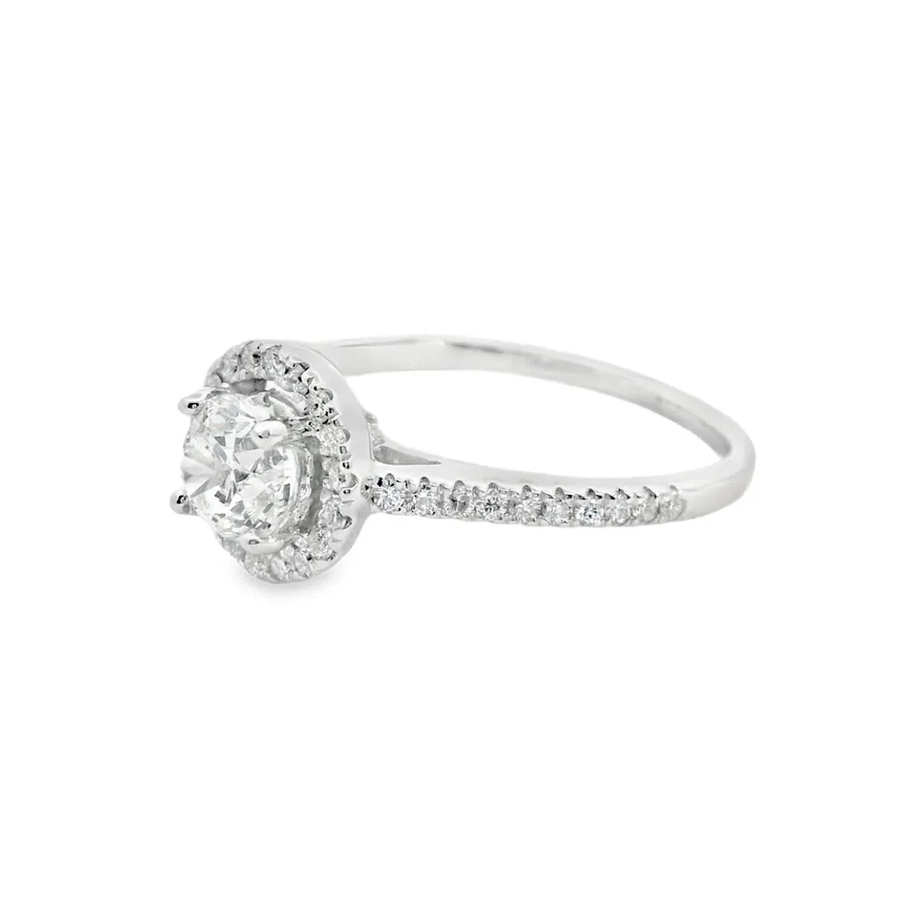 0.7ct Canadian Diamond Round Halo Side-diamonds Engagement Ring 18k white gold
