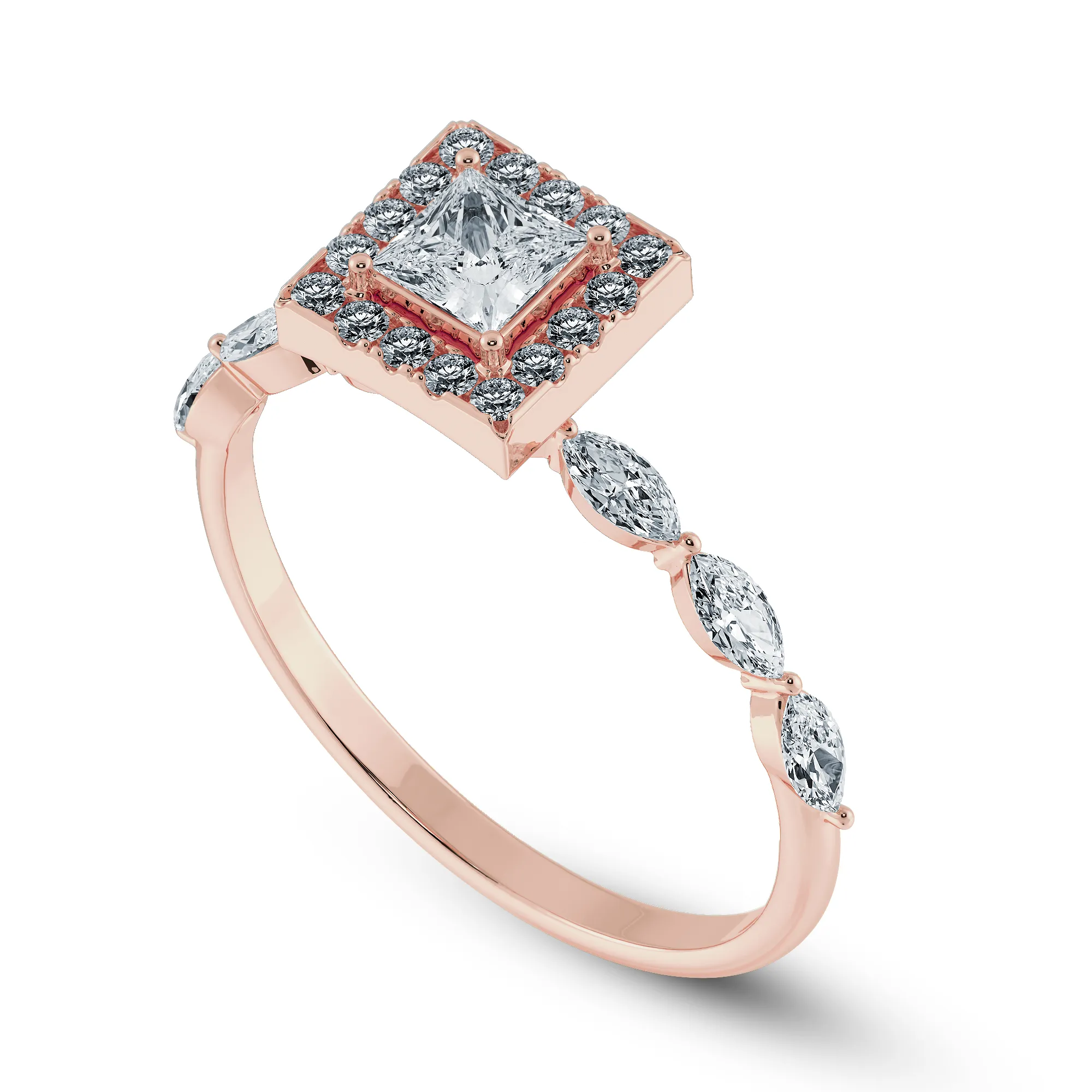 1-Carat Princess Cut Solitaire Halo Diamond with Marquise Cut Diamond Accents 18K Rose Gold Ring JL AU 1277R-C