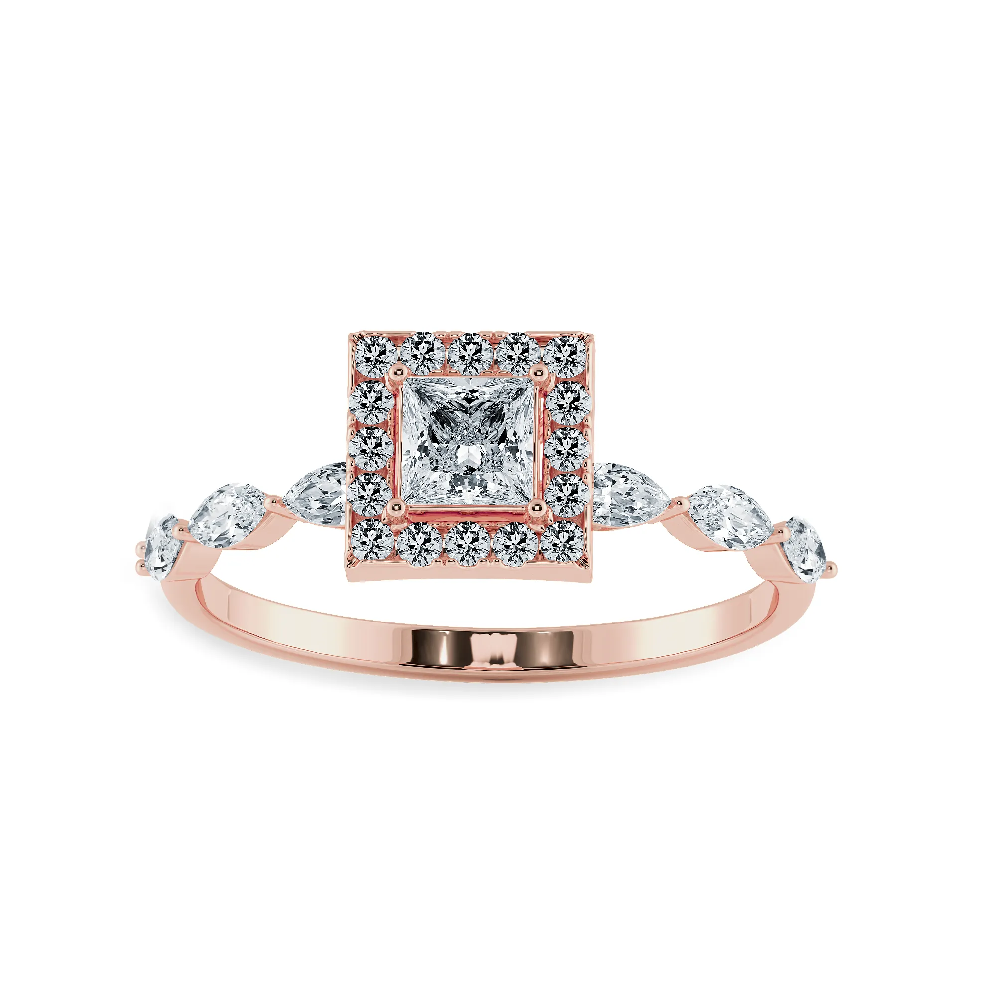 1-Carat Princess Cut Solitaire Halo Diamond with Marquise Cut Diamond Accents 18K Rose Gold Ring JL AU 1277R-C