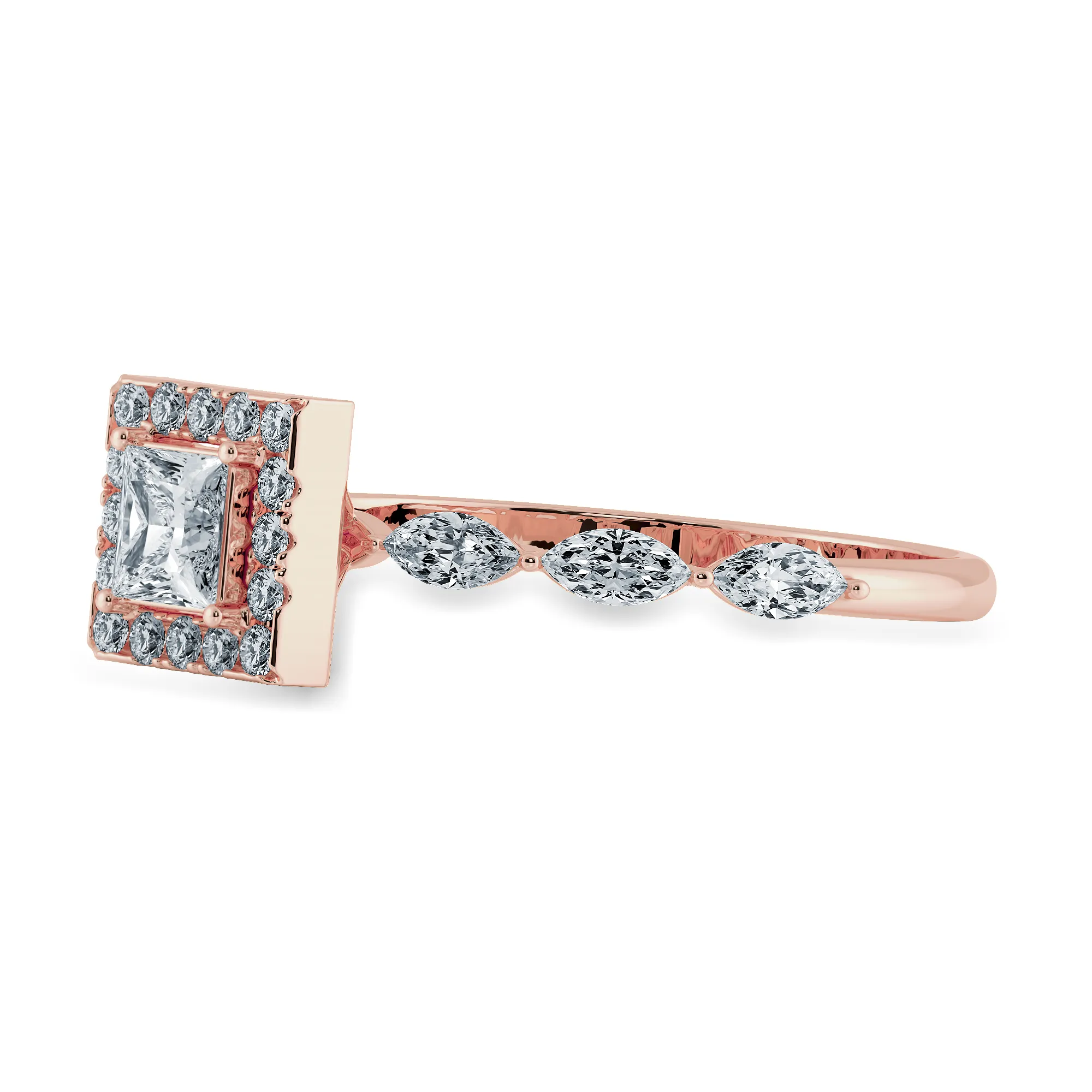 1-Carat Princess Cut Solitaire Halo Diamond with Marquise Cut Diamond Accents 18K Rose Gold Ring JL AU 1277R-C