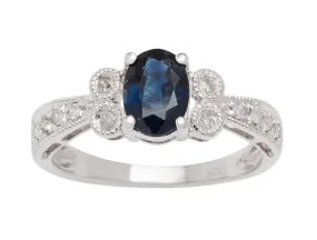 10k White Gold Vintage Style Oval Sapphire and Diamond Ring