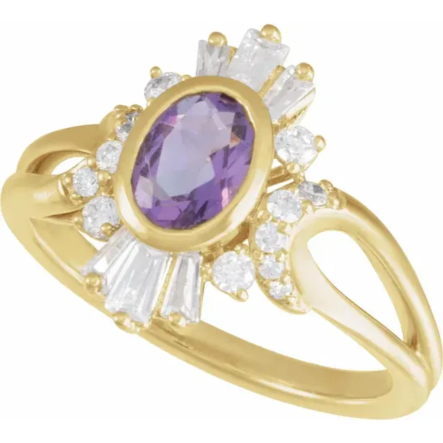 14K Yellow Gold Natural Amethyst & 1/2 CTW Natural Diamond Celestial Ring