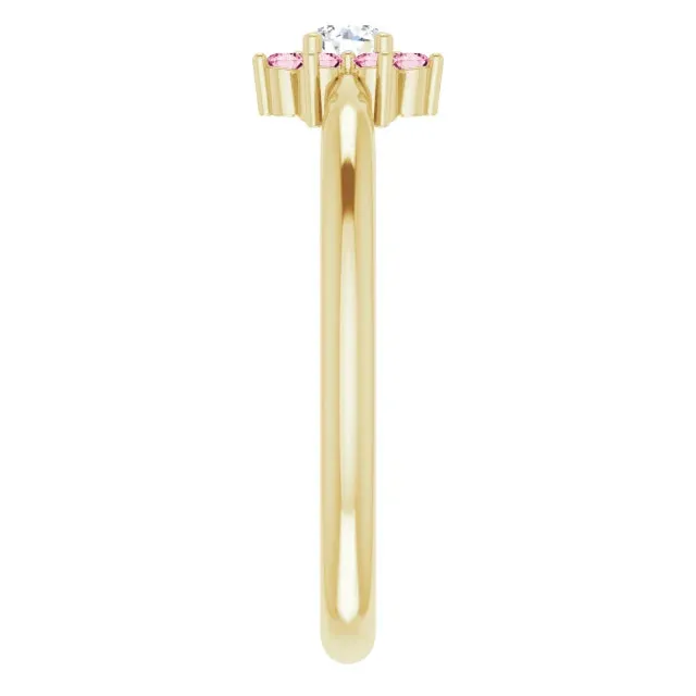 14K Yellow Gold Pink Tourmaline & .06 CT Diamond Flower Ring