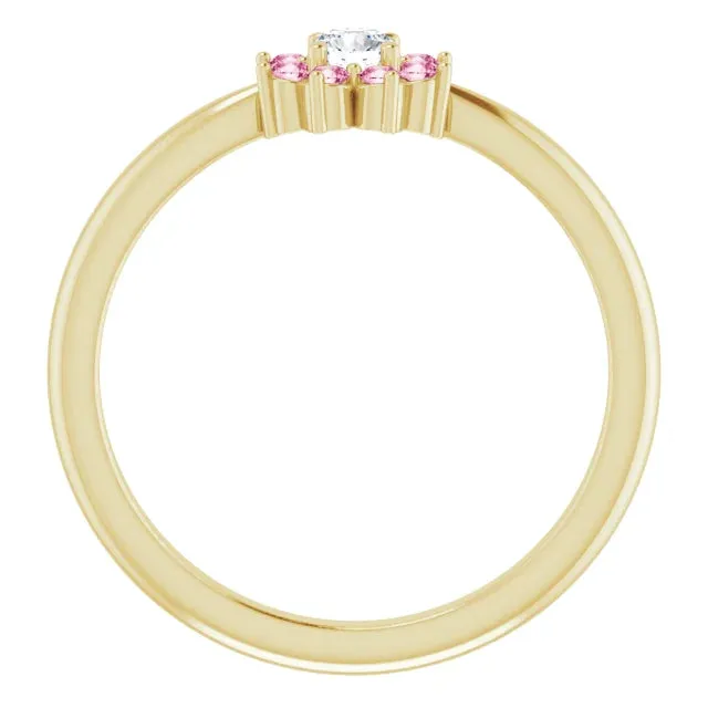 14K Yellow Gold Pink Tourmaline & .06 CT Diamond Flower Ring