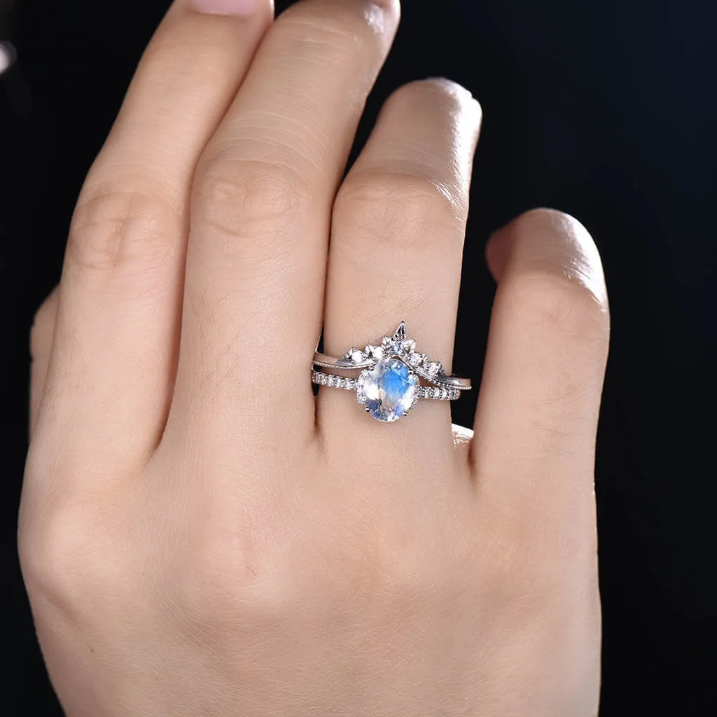 14K/18K Gold Oval Moonstone Diamond Art Deco Unique Engagement Ring Set