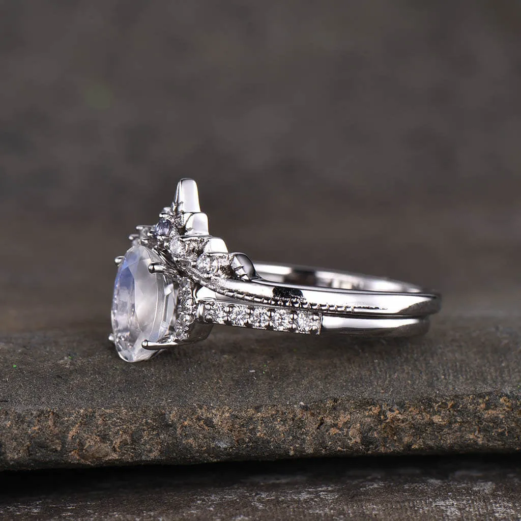 14K/18K Gold Oval Moonstone Diamond Art Deco Unique Engagement Ring Set