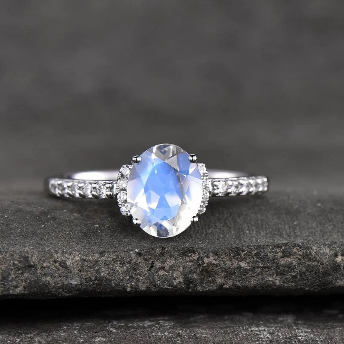 14K/18K Gold Oval Moonstone Diamond Art Deco Unique Engagement Ring Set