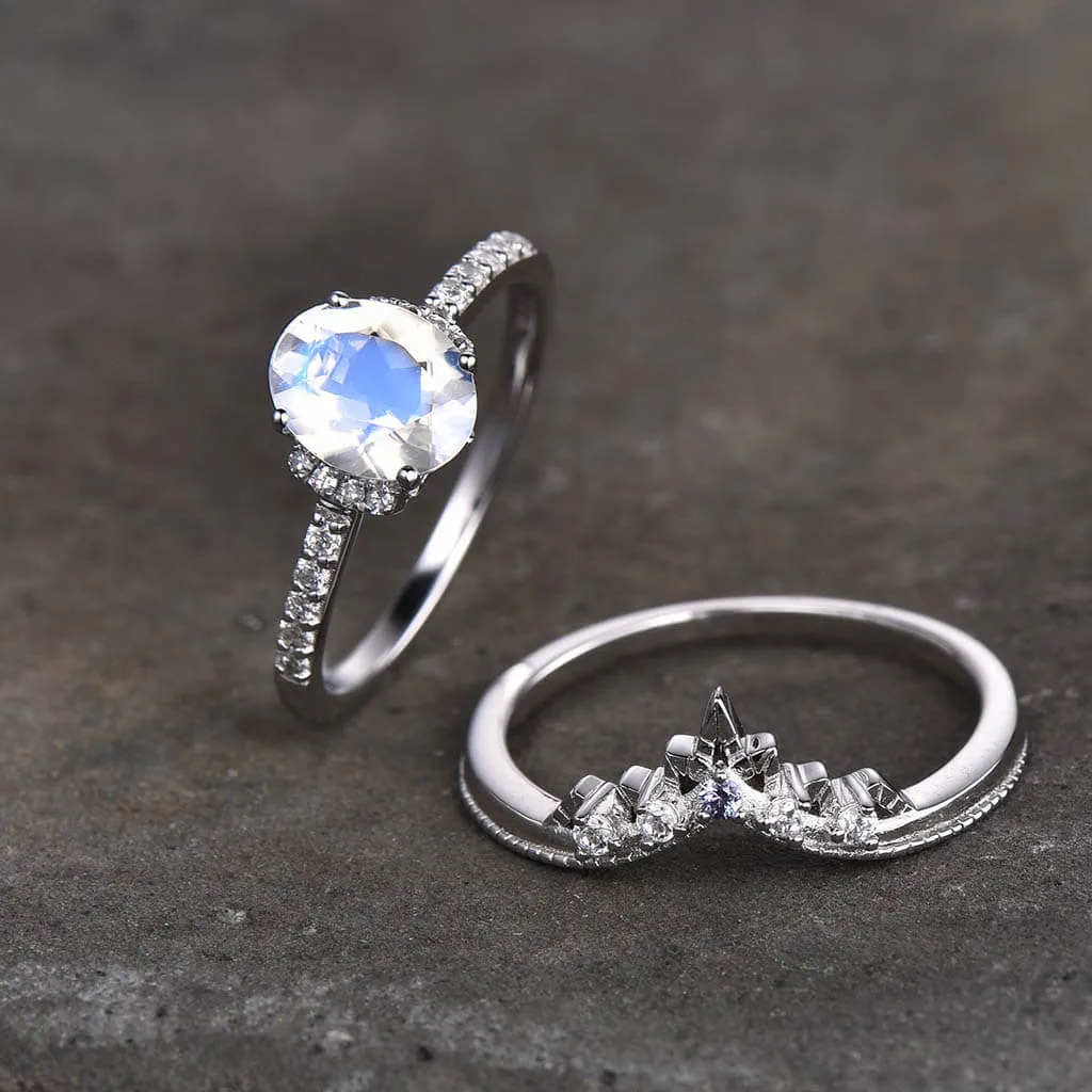 14K/18K Gold Oval Moonstone Diamond Art Deco Unique Engagement Ring Set