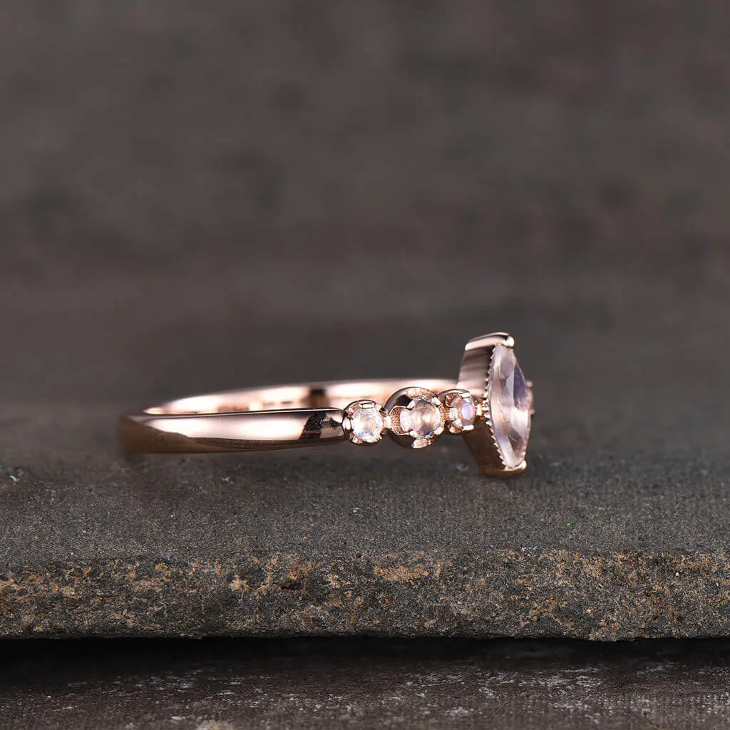 14K/18K Rose Gold Rainbow Moonstone Engagement Ring Marquise Cut