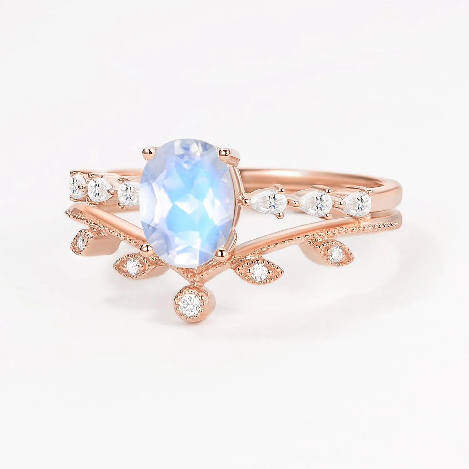 1.5ct Oval Moonstone Pave Vintage Leafy Ring Set 2pcs