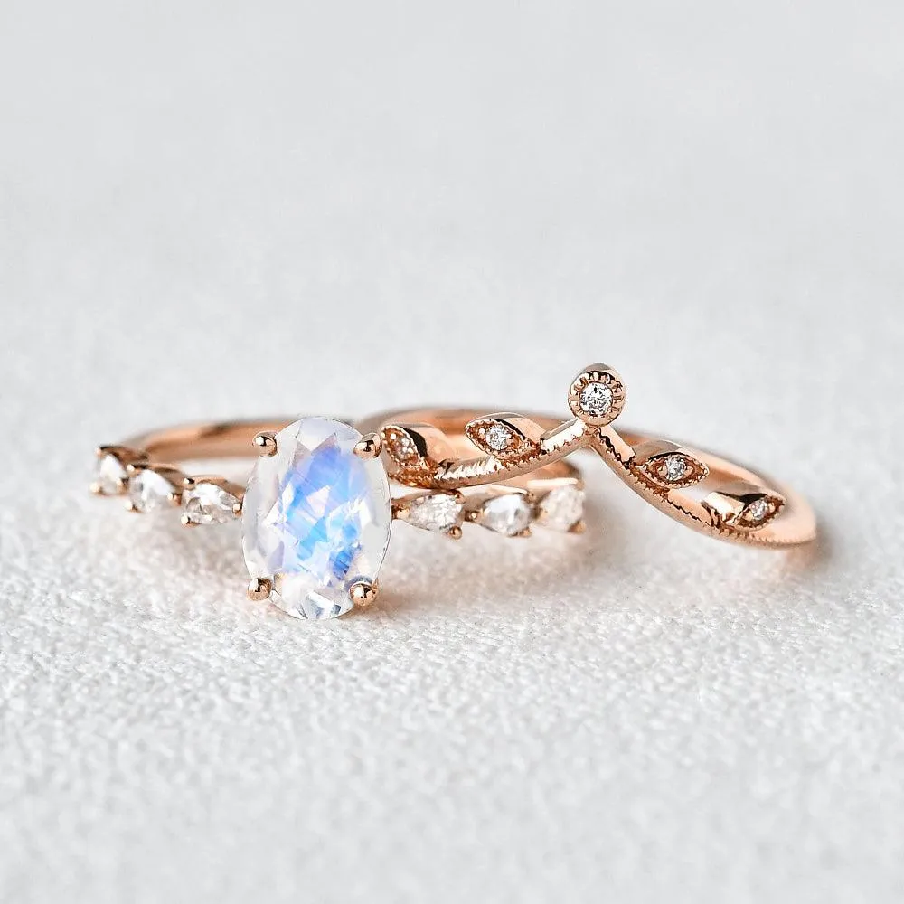 1.5ct Oval Moonstone Pave Vintage Leafy Ring Set 2pcs