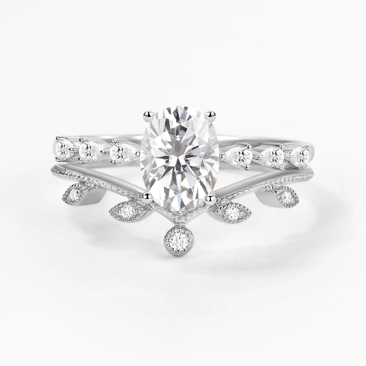 1.5ct Oval Moonstone Pave Vintage Leafy Ring Set 2pcs