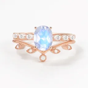 1.5ct Oval Moonstone Pave Vintage Leafy Ring Set 2pcs