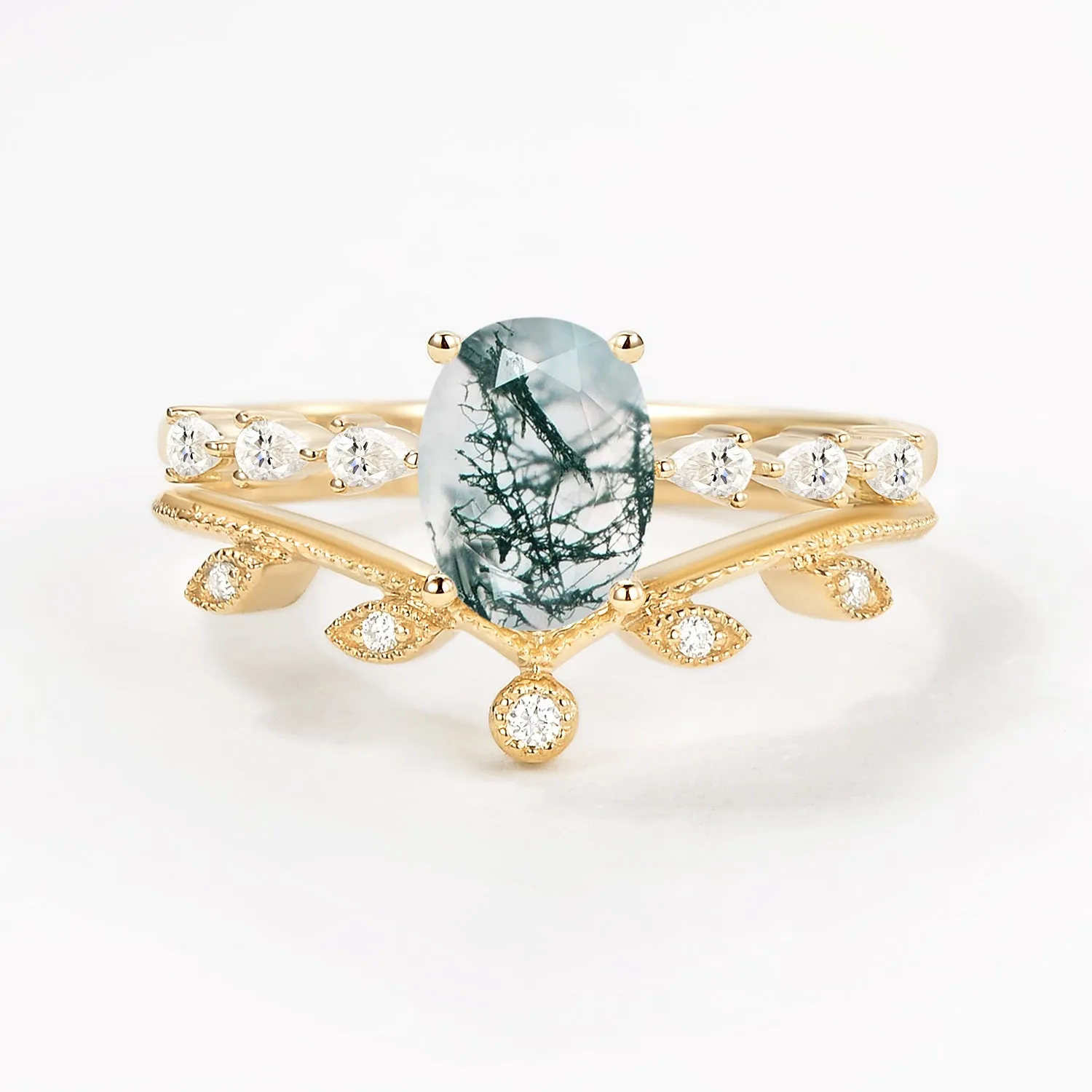 1.5ct Oval Moonstone Pave Vintage Leafy Ring Set 2pcs