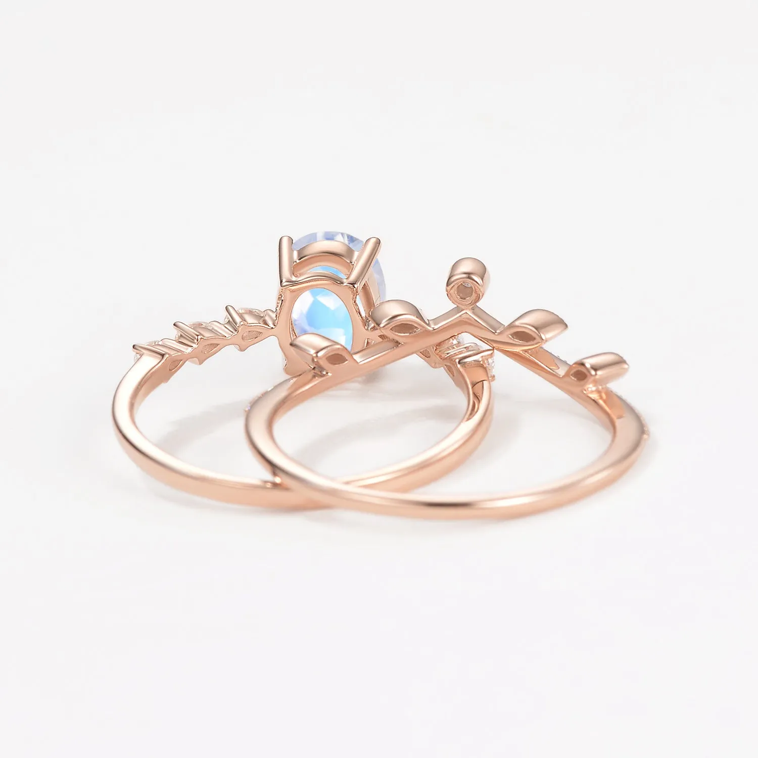 1.5ct Oval Moonstone Pave Vintage Leafy Ring Set 2pcs
