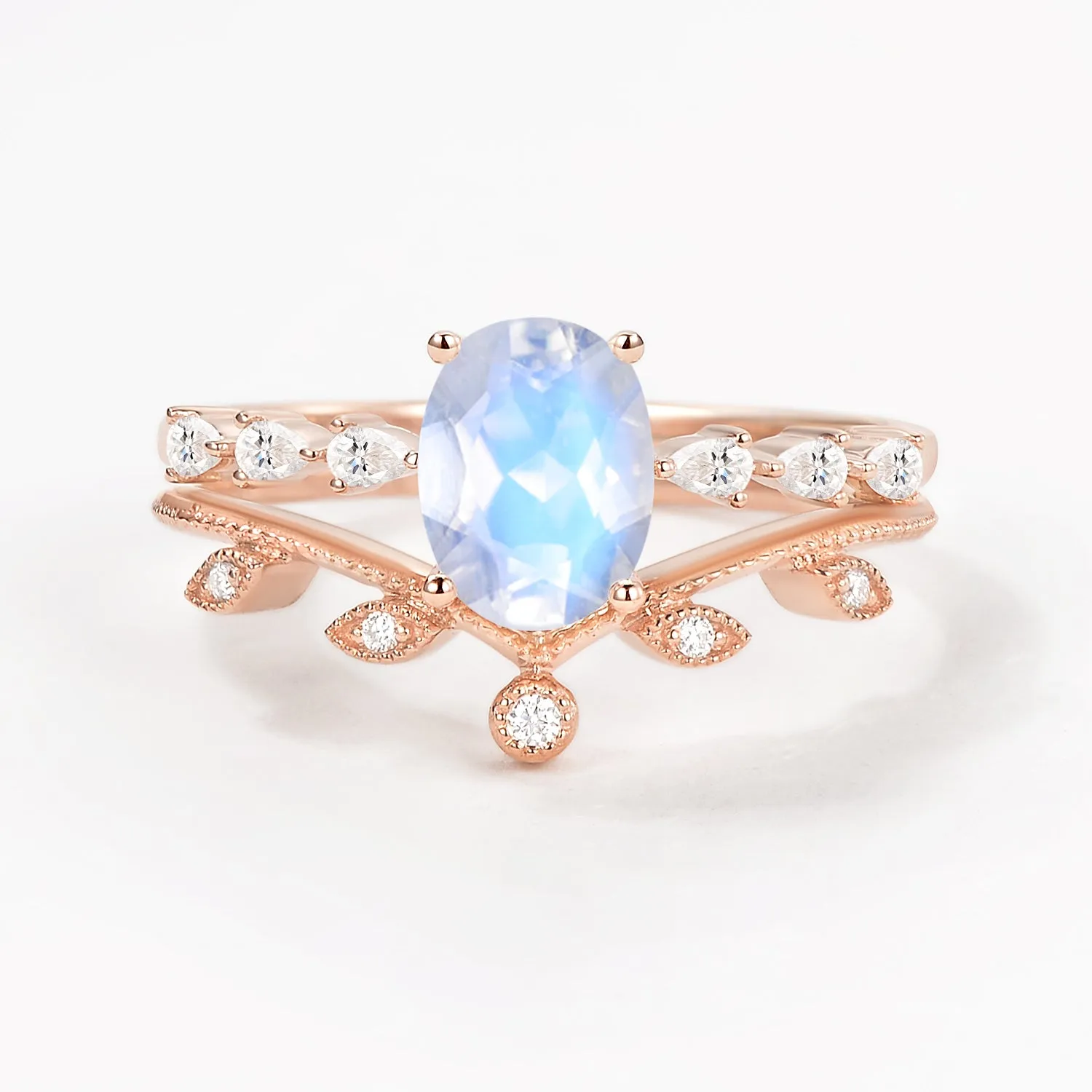 1.5ct Oval Moonstone Pave Vintage Leafy Ring Set 2pcs