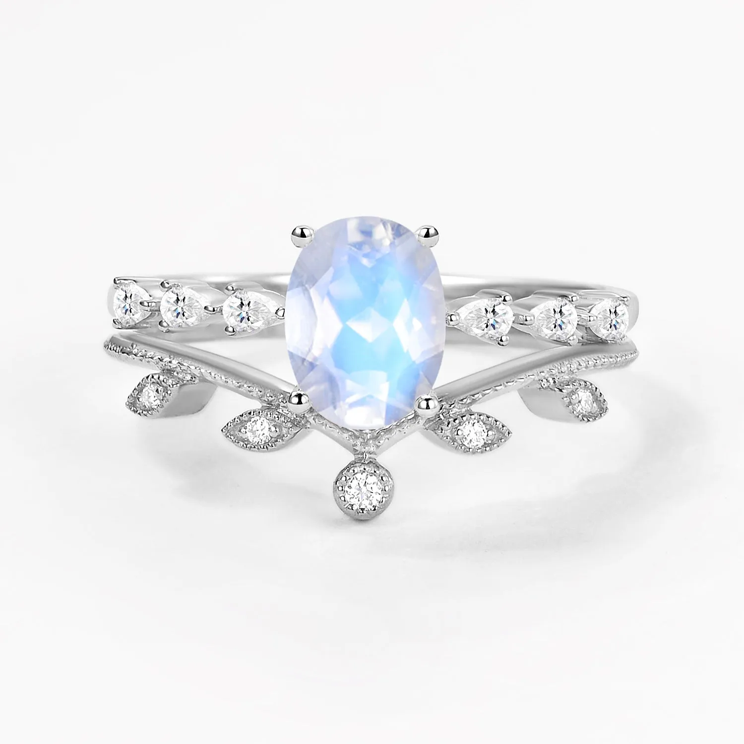 1.5ct Oval Moonstone Pave Vintage Leafy Ring Set 2pcs