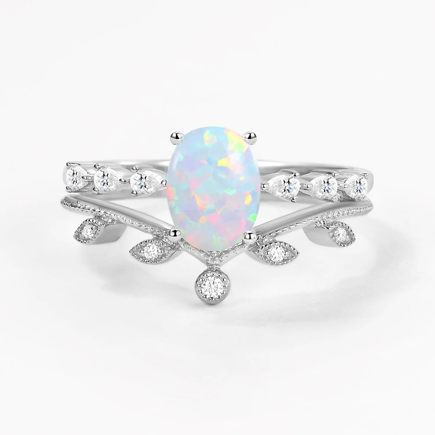 1.5ct Oval Moonstone Pave Vintage Leafy Ring Set 2pcs