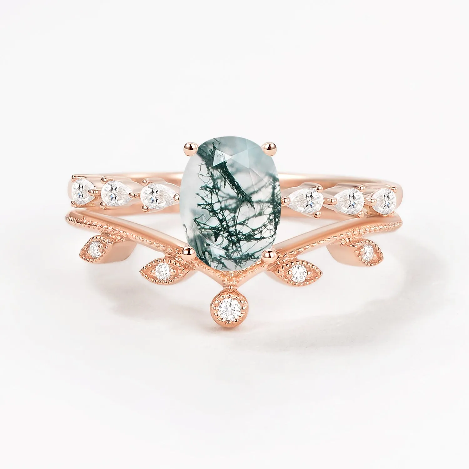 1.5ct Oval Moonstone Pave Vintage Leafy Ring Set 2pcs