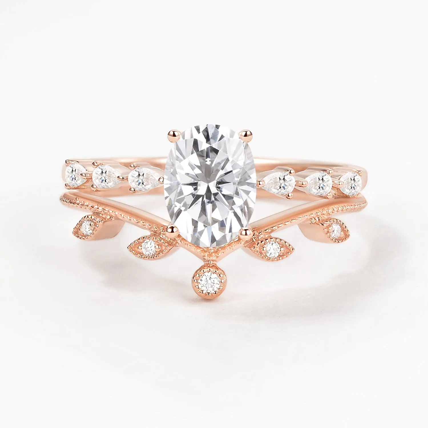 1.5ct Oval Moonstone Pave Vintage Leafy Ring Set 2pcs
