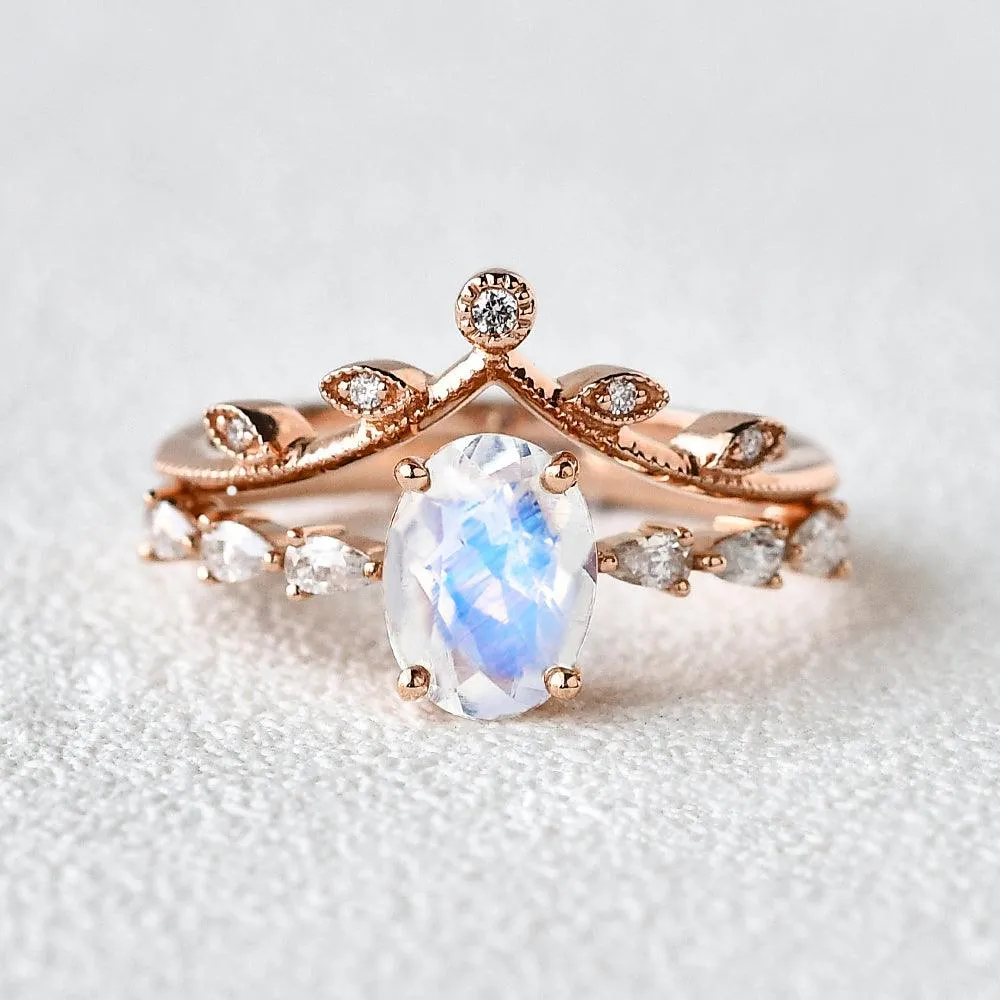 1.5ct Oval Moonstone Pave Vintage Leafy Ring Set 2pcs