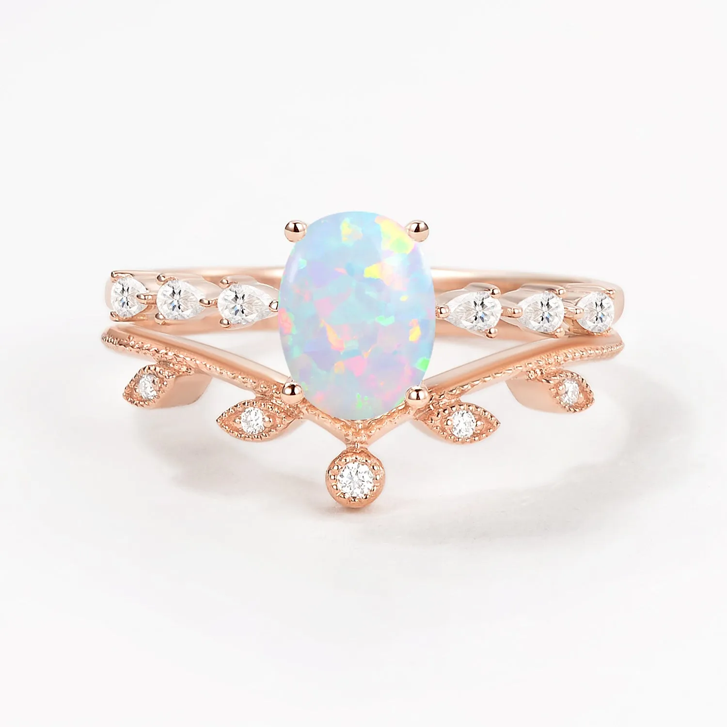 1.5ct Oval Moonstone Pave Vintage Leafy Ring Set 2pcs