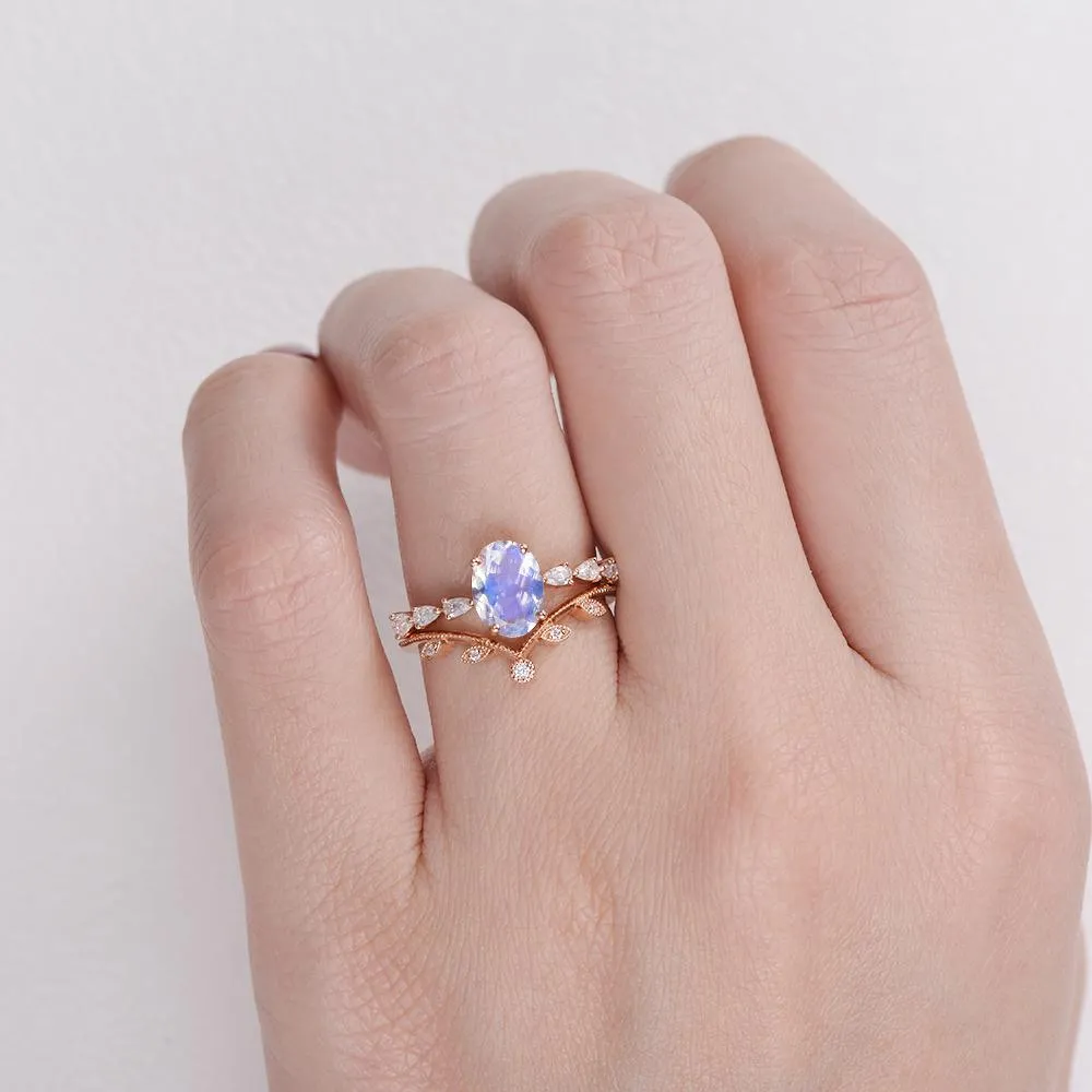 1.5ct Oval Moonstone Pave Vintage Leafy Ring Set 2pcs