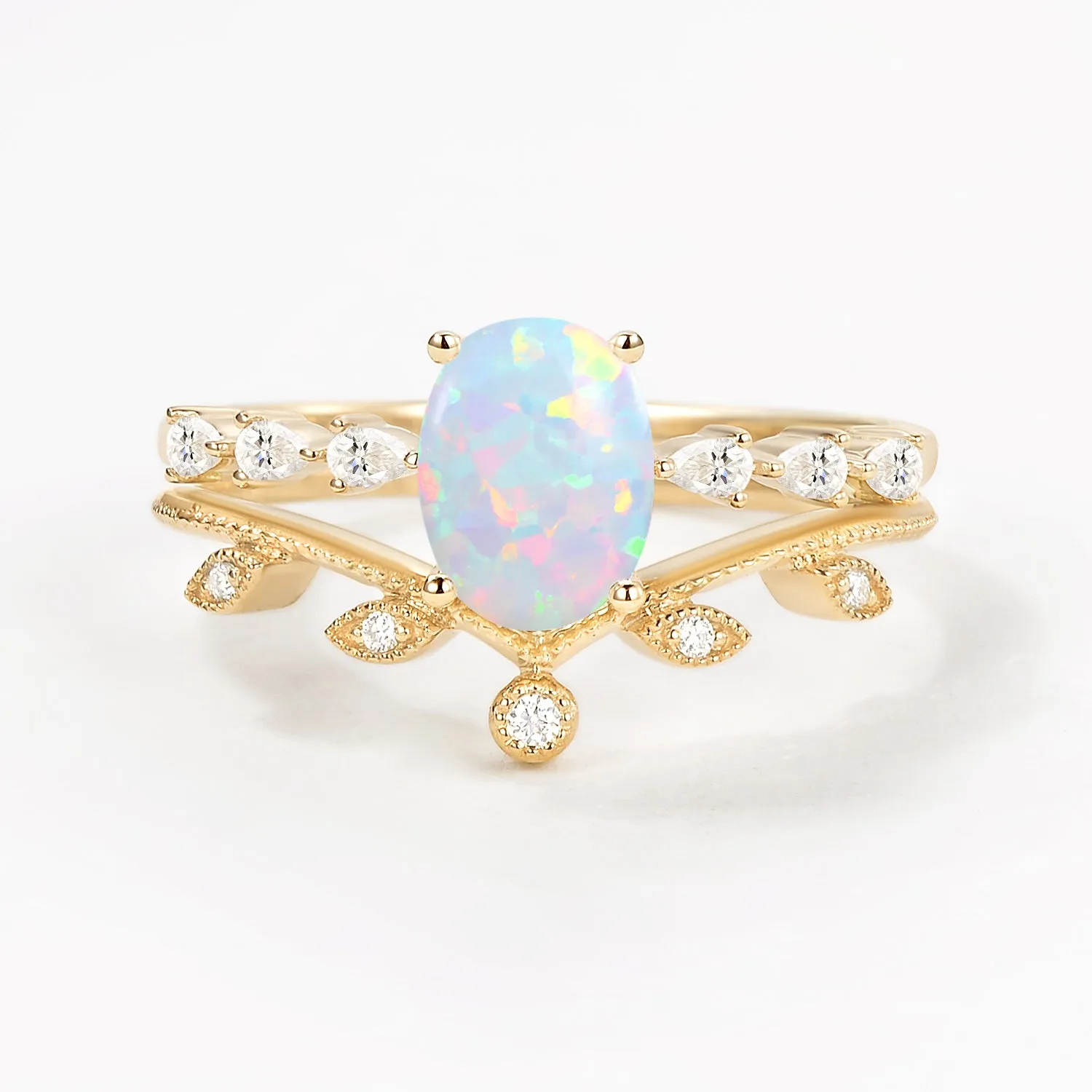 1.5ct Oval Moonstone Pave Vintage Leafy Ring Set 2pcs