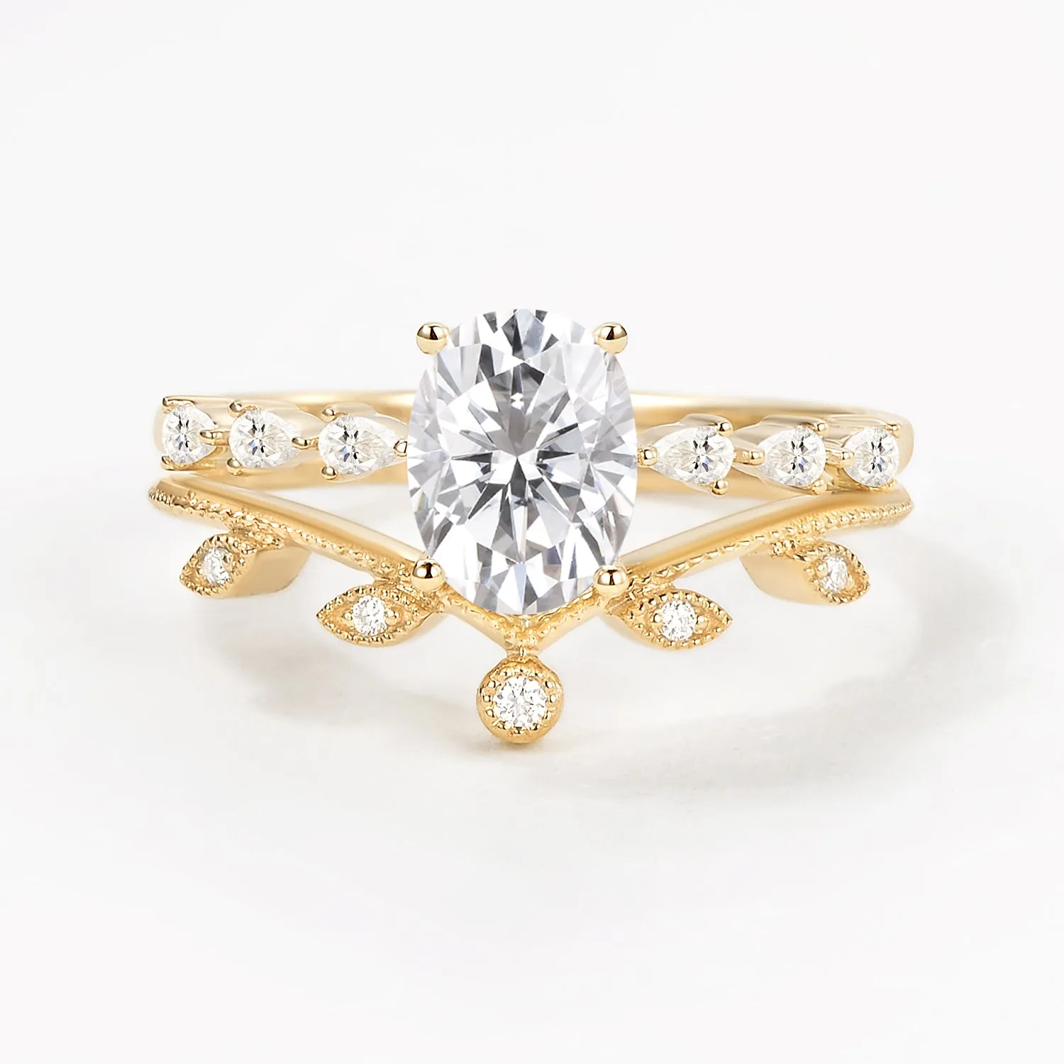 1.5ct Oval Moonstone Pave Vintage Leafy Ring Set 2pcs