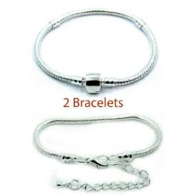 2 (Two) 9" Silver Tone Snake Chain Classic Bead Barrel Clasp  Starter Master Lobster Clasp Bracelet.