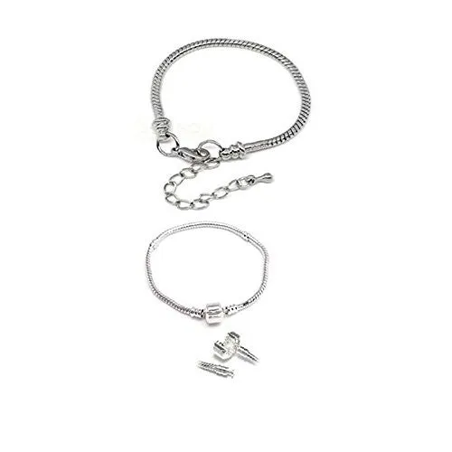 2 (Two) Silver Tone Snake Chain Classic Bead Barrel Clasp   Lobster Clasp Bracelet 7.5"