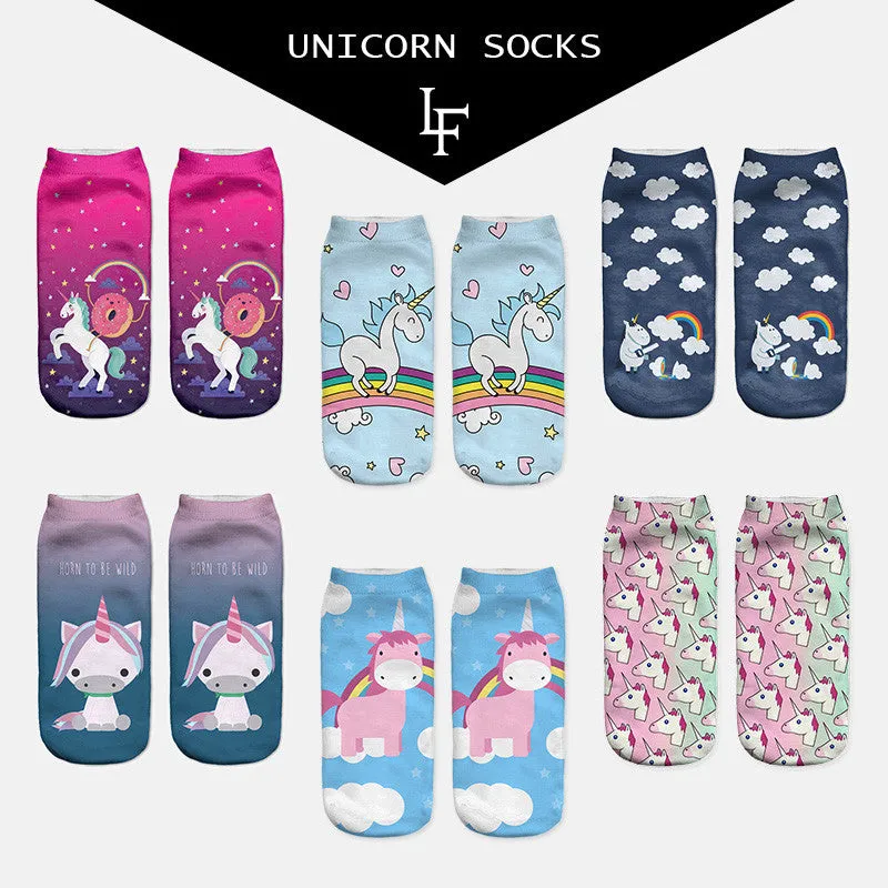 2016 Harajuku Emoji Unicorn Print 3D Socks Women Kawaii Ankle Licorne Chaussette Femme Calcetines Mujer Cute Art Socks ws66