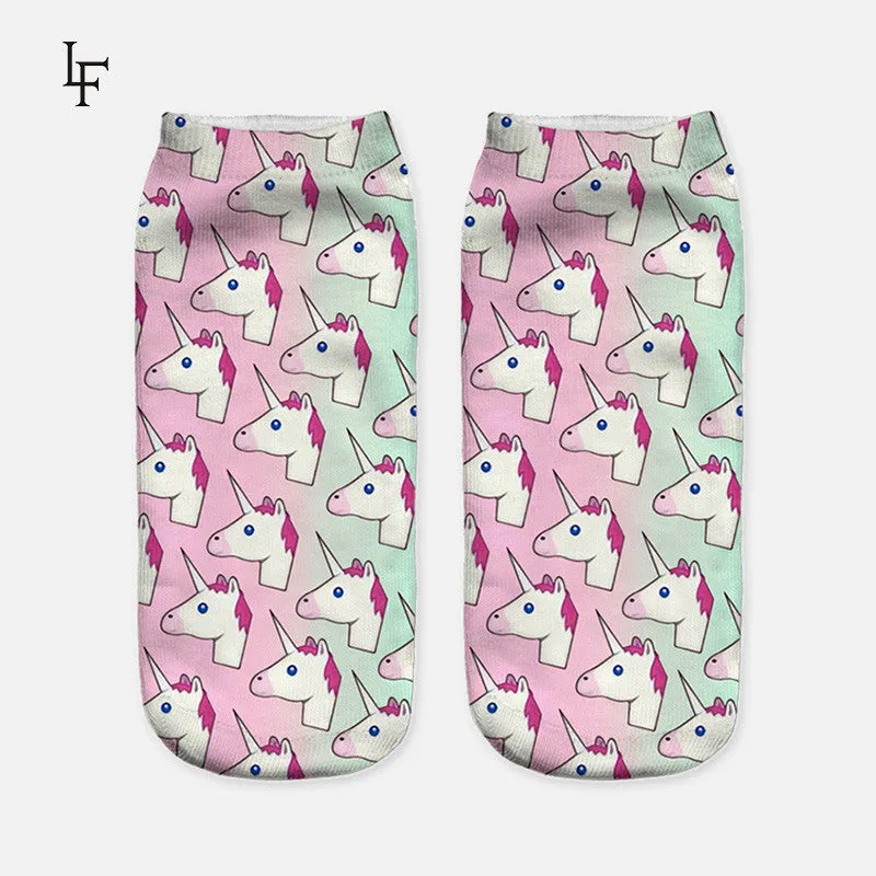 2016 Harajuku Emoji Unicorn Print 3D Socks Women Kawaii Ankle Licorne Chaussette Femme Calcetines Mujer Cute Art Socks ws66