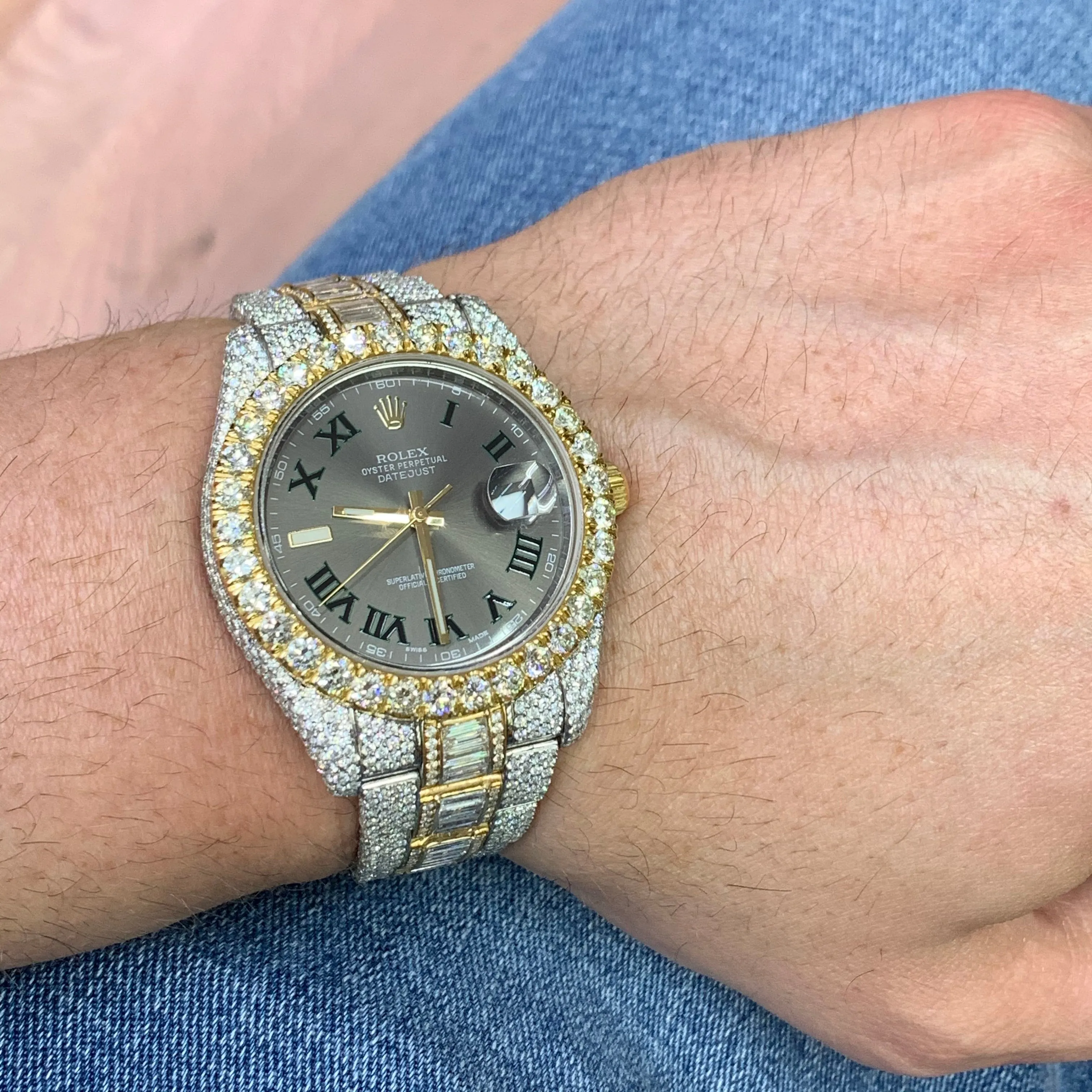 41mm Diamond Rolex Datejust 2 Watch with Two-tone Oyster Bracelet (Wimbledon dial, iced out)