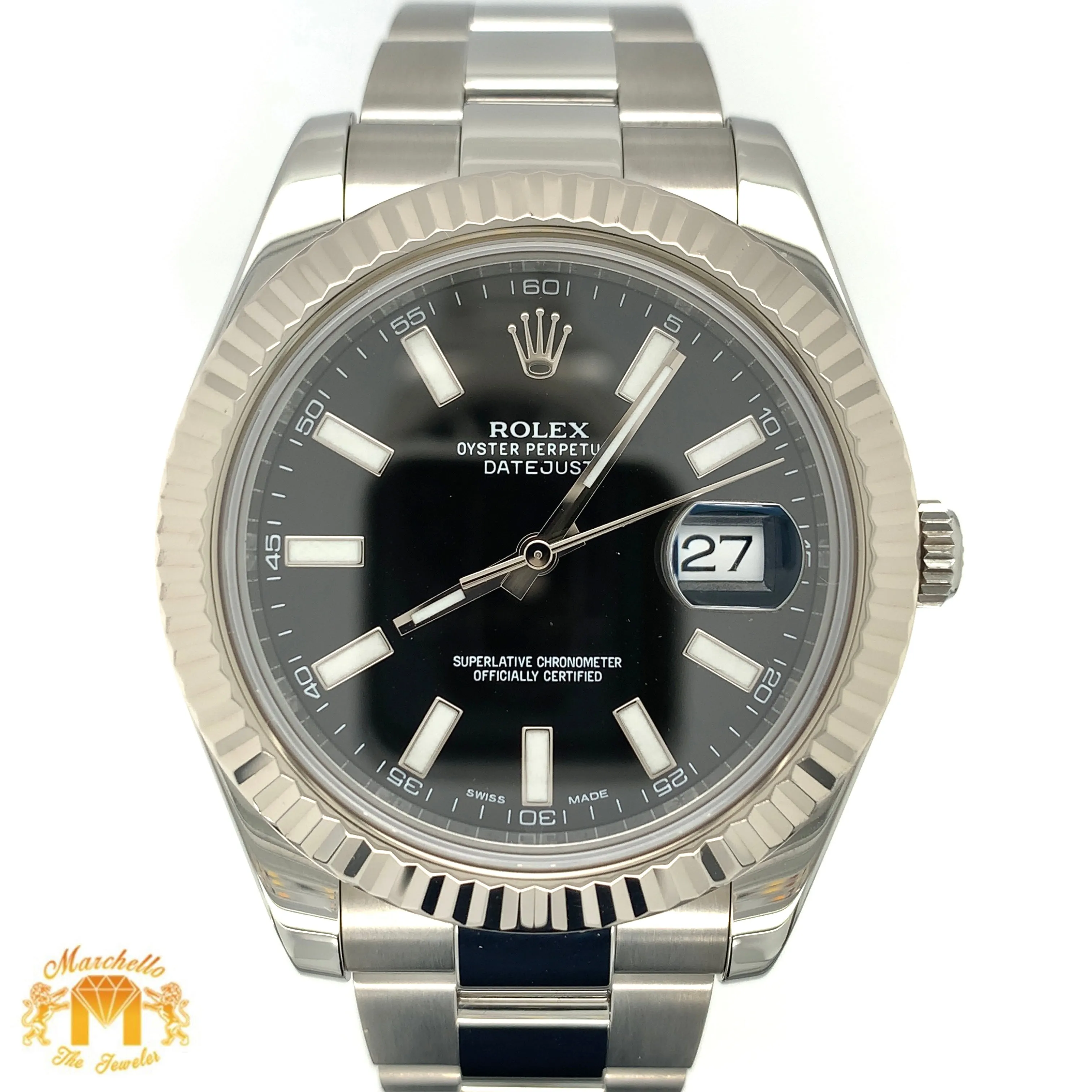 41mm Rolex Datejust Watch with Stainless Steel Oyster Bracelet (18k white gold fluted bezel)