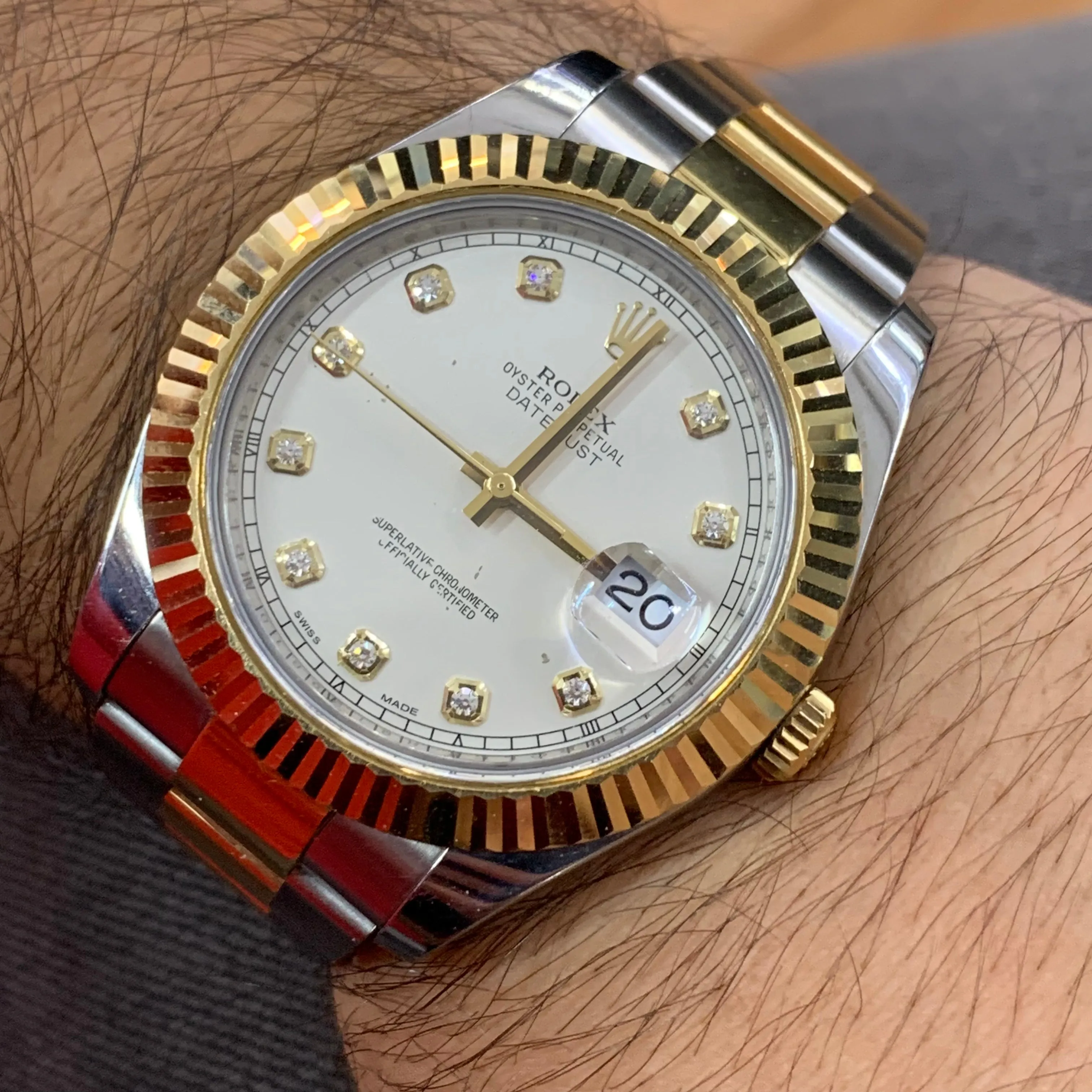 41mm Rolex Diamond Watch with Two-Tone Oyster Bracelet (fluted bezel, factory diamond dial)