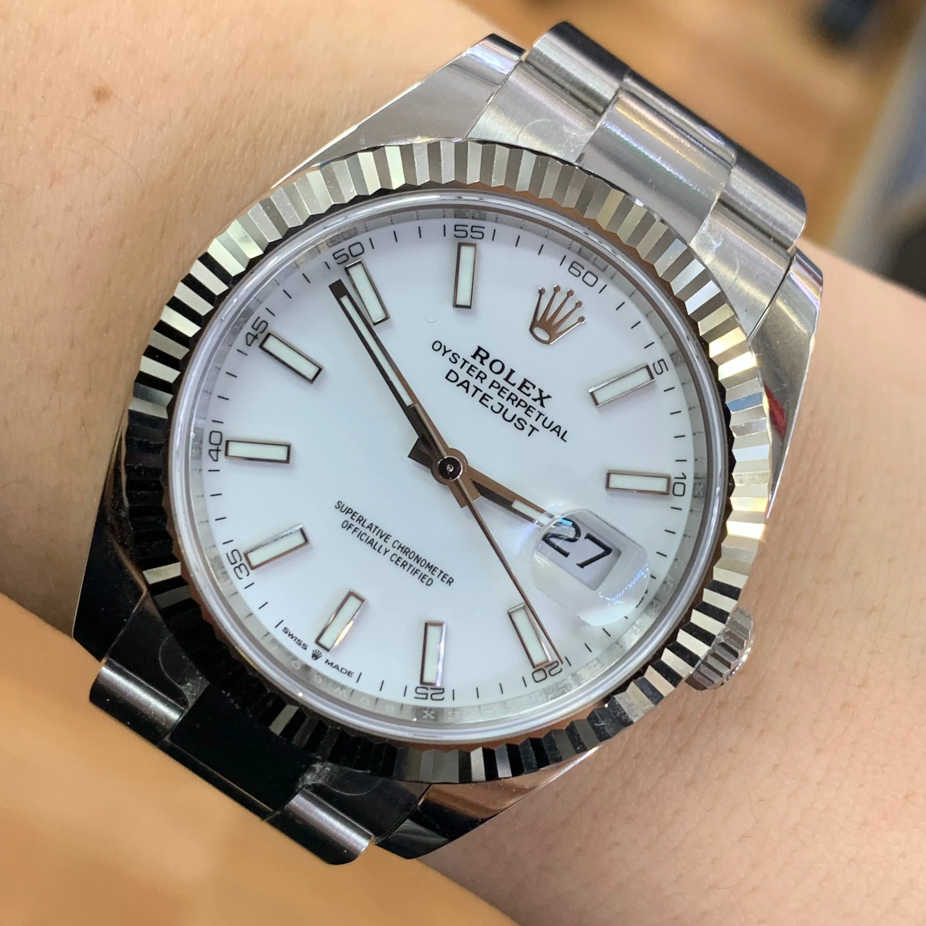 41mm Rolex Watch with Stainless Steel Oyster Bracelet (Rolex papers, white dial, fluted bezel) (Model number: 126334)