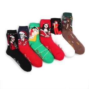 (6 pairs) Famous Painting Christmas Prints Crew Socks IO16