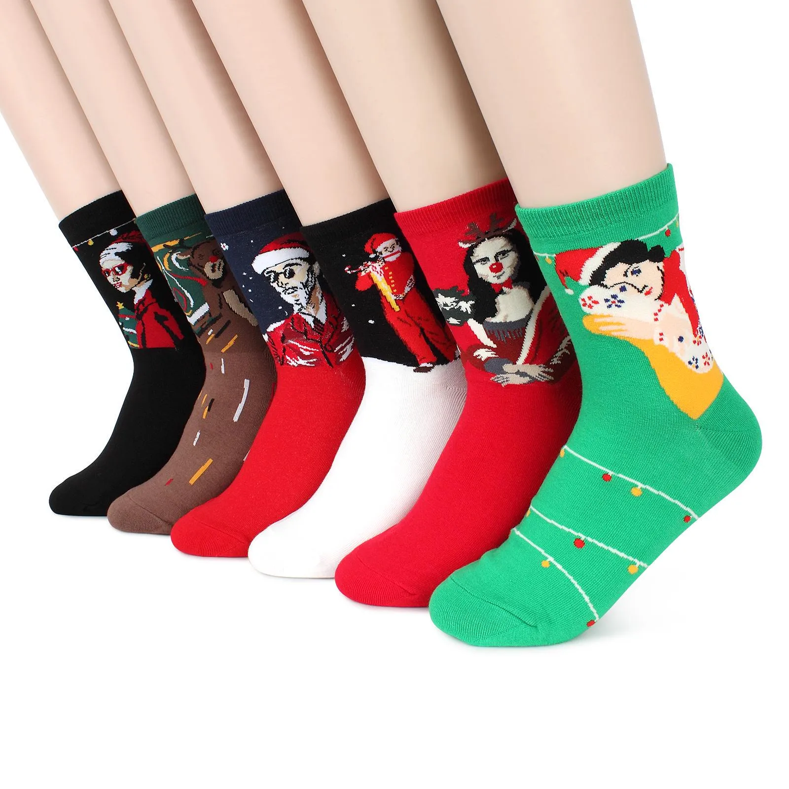 (6 pairs) Famous Painting Christmas Prints Crew Socks IO16