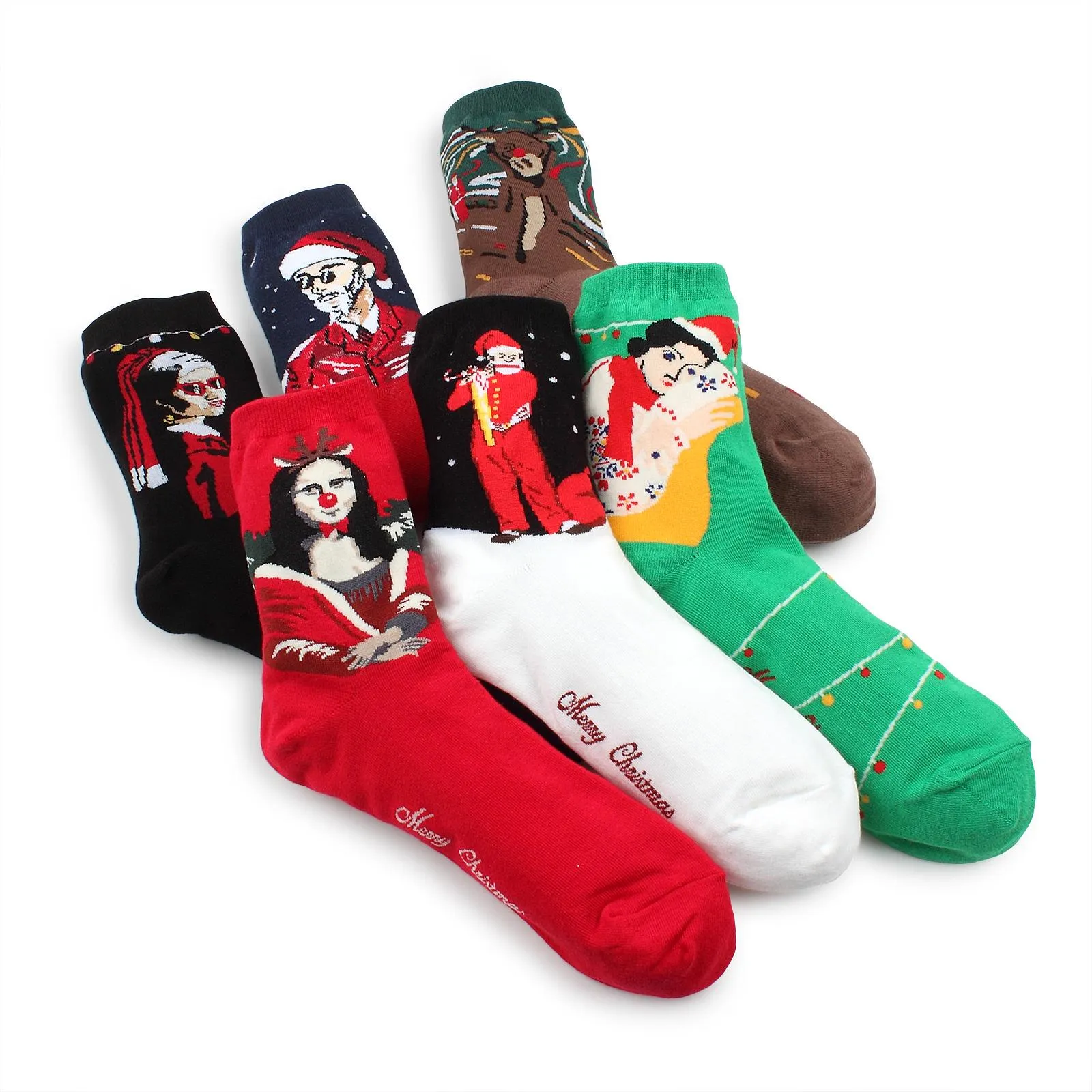 (6 pairs) Famous Painting Christmas Prints Crew Socks IO16