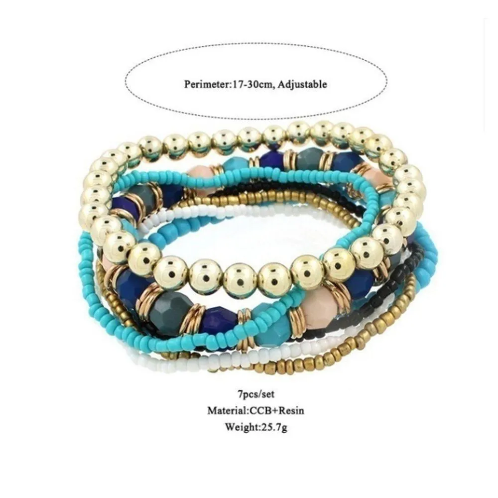 7 Pcs Set Four Seasons Bohemian Multi-layer Beaded Jewelry Elastic Bracelet