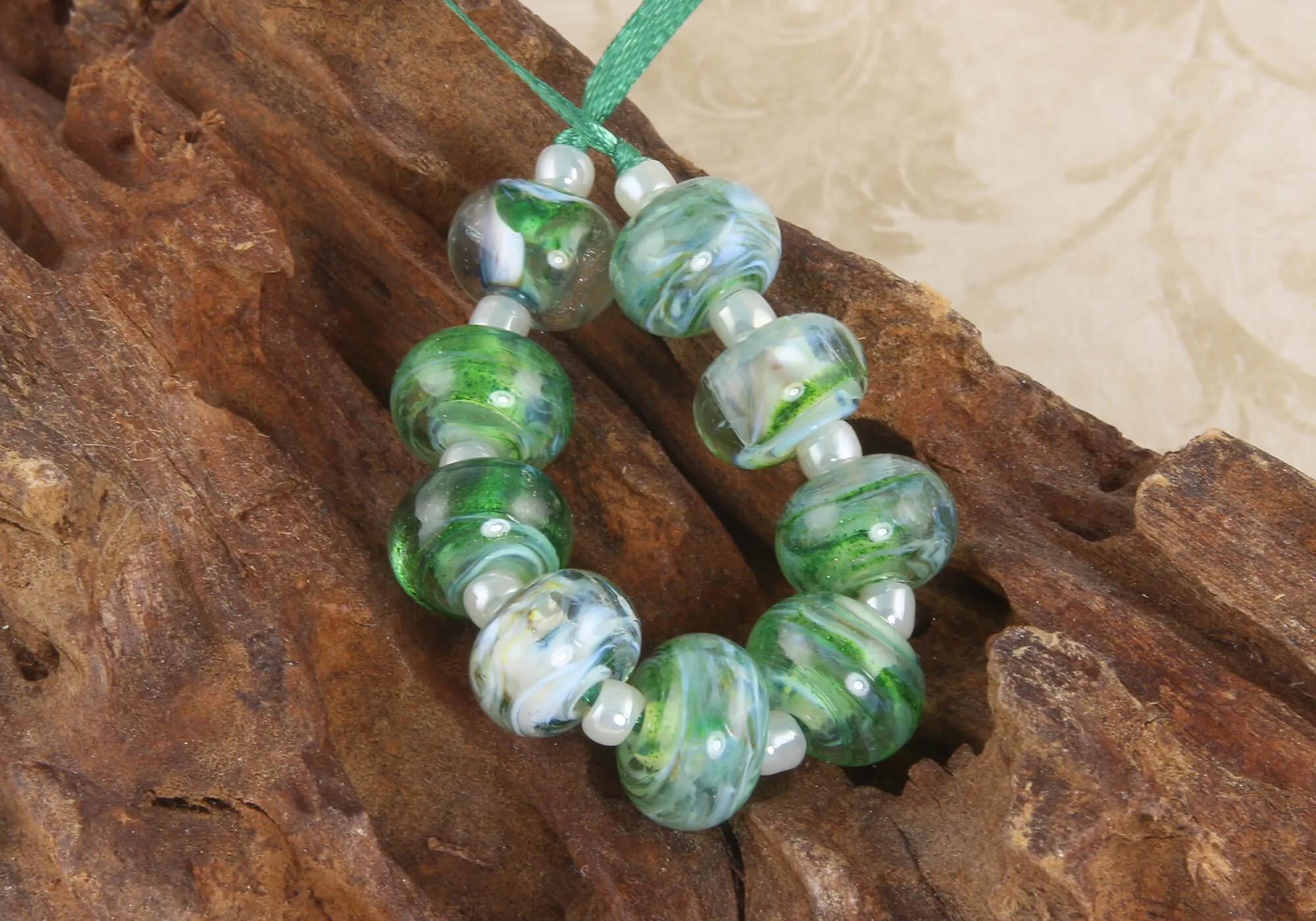 9 Green Mist Lampwork Beads Set SRA