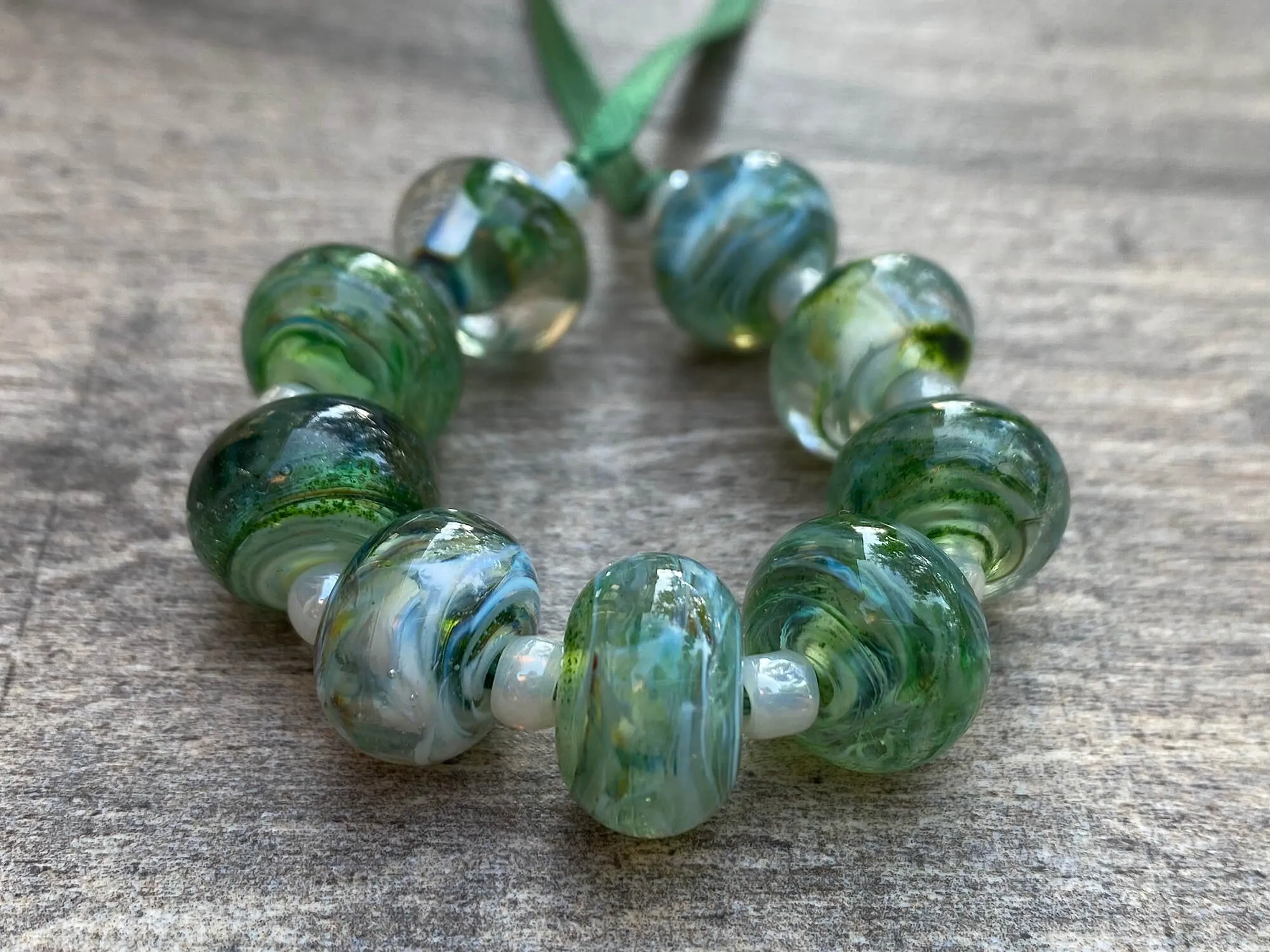 9 Green Mist Lampwork Beads Set SRA