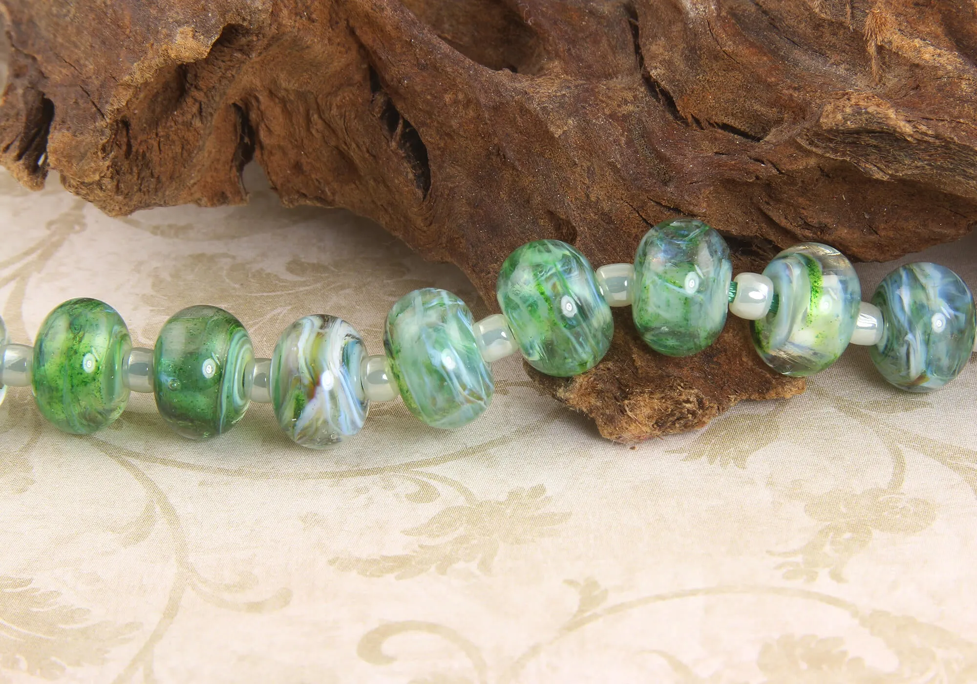 9 Green Mist Lampwork Beads Set SRA