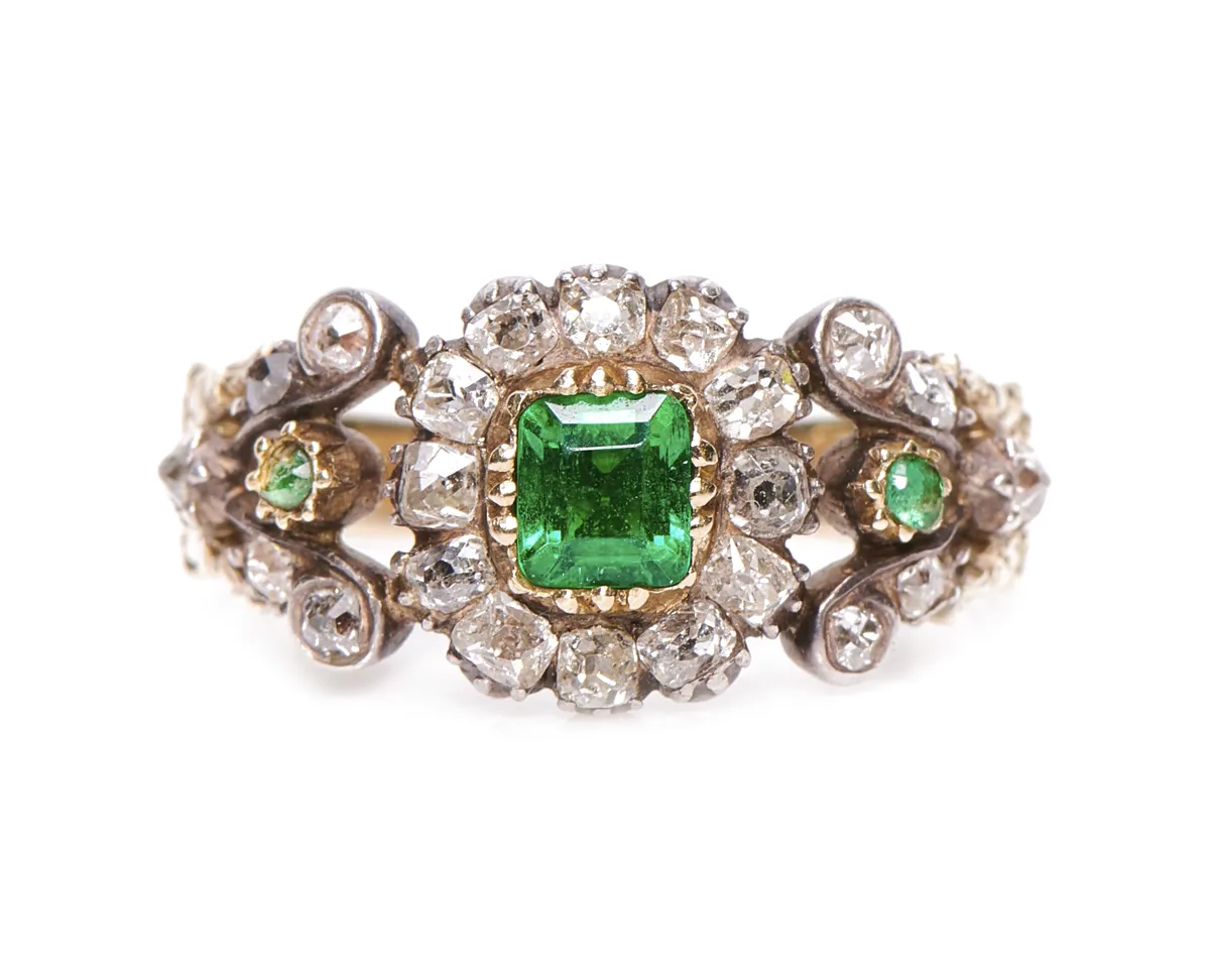 Antique, Georgian, emerald and diamond cluster ring