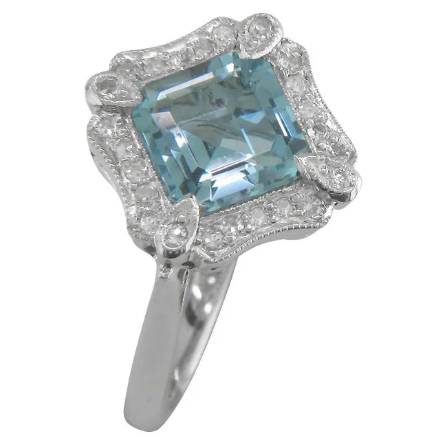 Art Deco Style Aquamarine and Diamond Cluster Ring